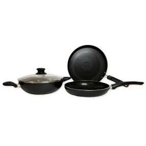 UMAI X SAVYA HOME 3 Piece Non Stick Set | Non Stick Tawa 2.8mm | Non Stick Kadai | Frying Pan Non Stick with Lid | Stove & Induction Cookware| 3 Layer Coating Non Stick Set Combo|2 Year Warranty-Black