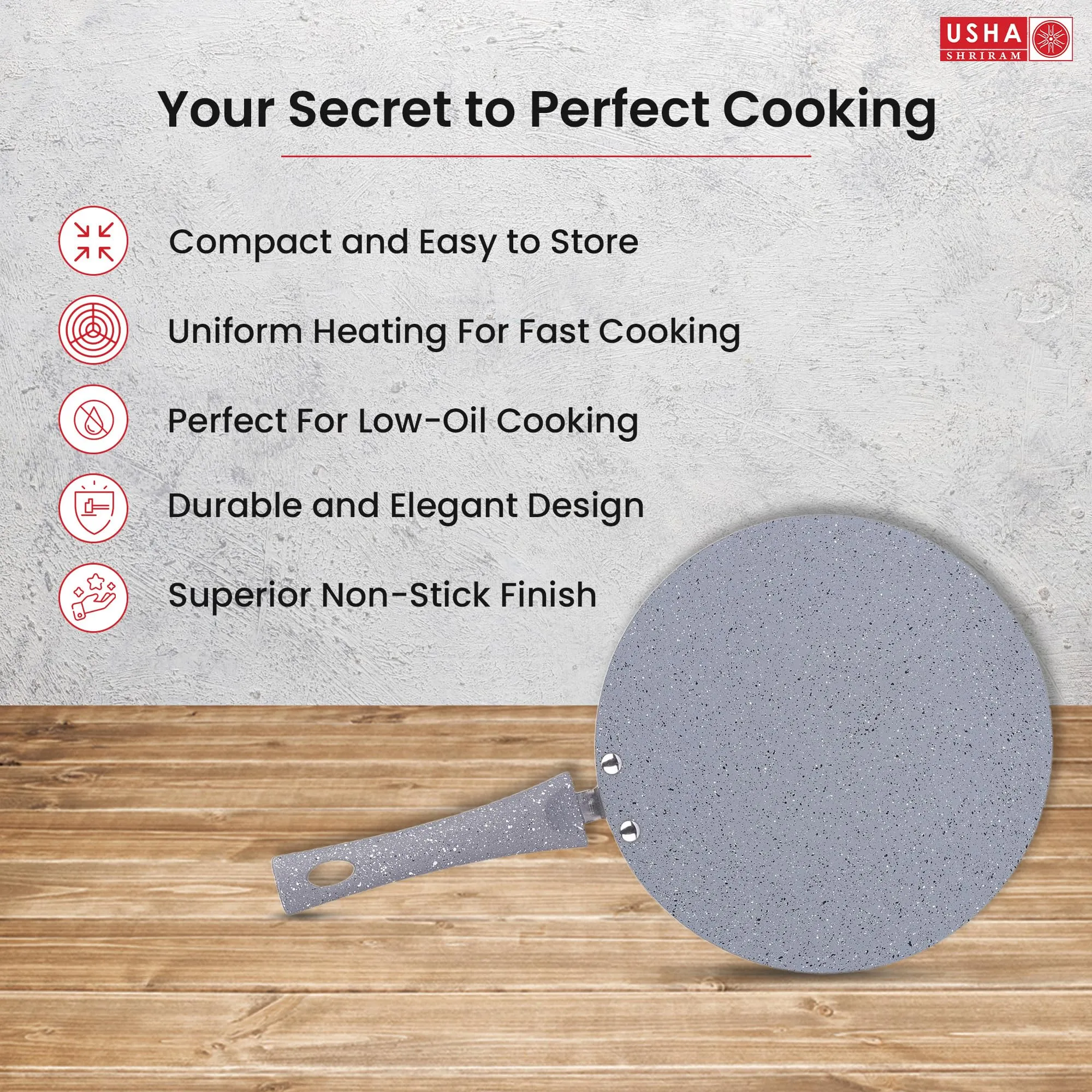 USHA SHRIRAM (26cm Lunar Haze Non Stick Roti Tawa with Riveted Handle | High Grade Aluminium | Scratch Resistant Surface | Roti Nonstick Big Dosa Tawa Non Stick | Flat Tawa Non Stick(Grey)