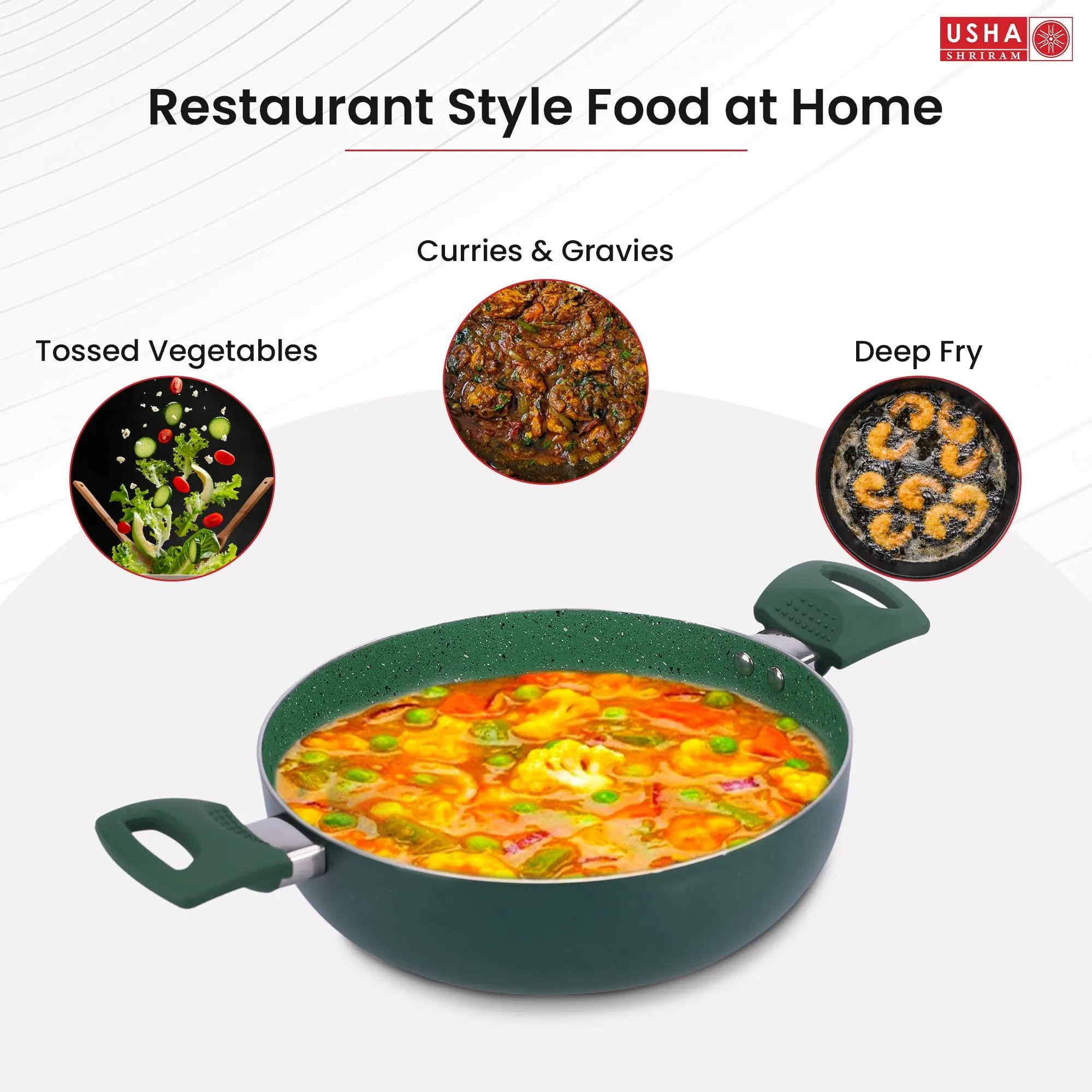 USHA SHRIRAM (3.6L Emerald Non Stick Kadai with Lid | 26 cm | 3.6 L Capacity | Gas Cookware | Non Stick Cookware | Aluminium Kadai with Lid | Deep Base Kadai | Deep Fry Kadai