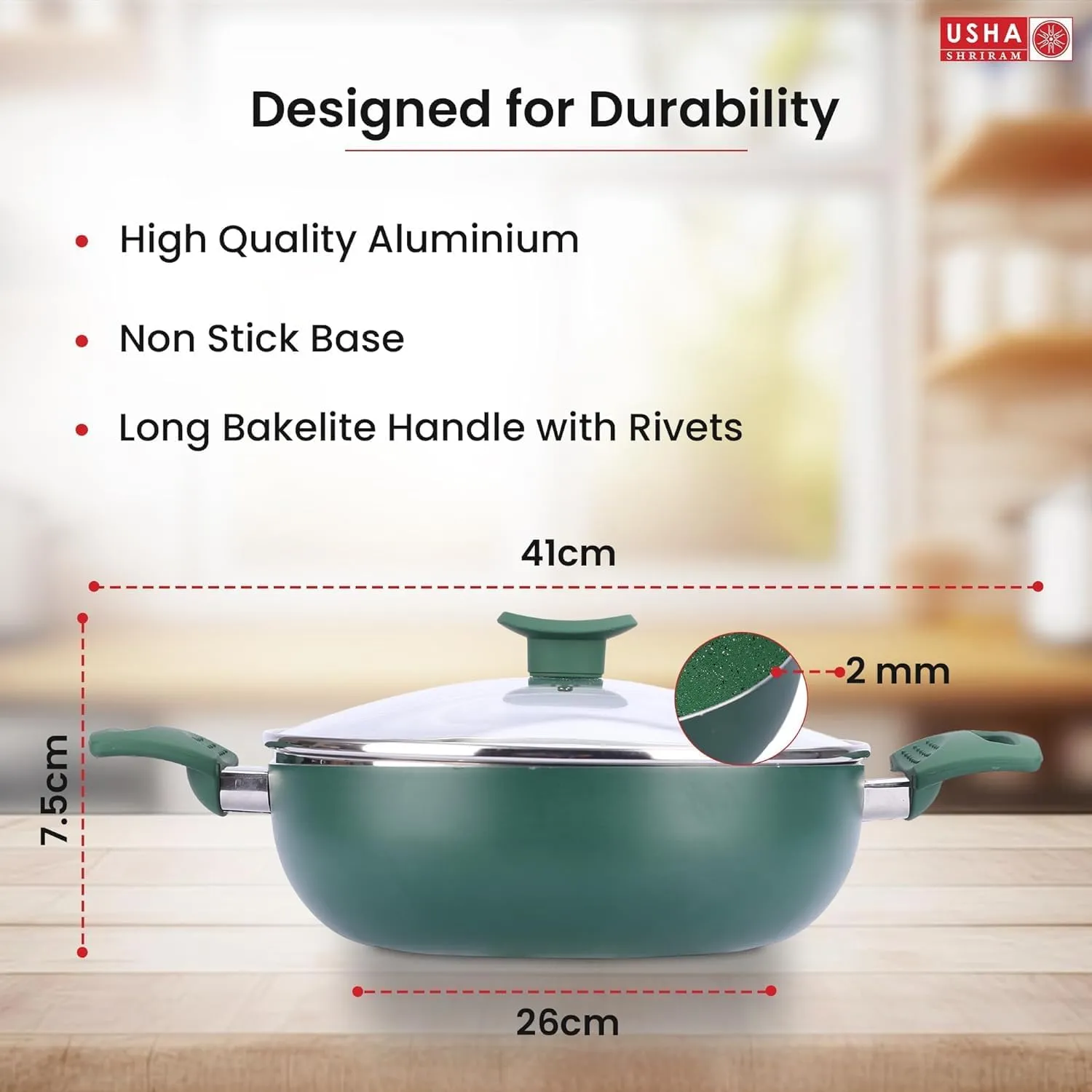 USHA SHRIRAM (3.6L Emerald Non Stick Kadai with Lid | 26 cm | 3.6 L Capacity | Gas Cookware | Non Stick Cookware | Aluminium Kadai with Lid | Deep Base Kadai | Deep Fry Kadai