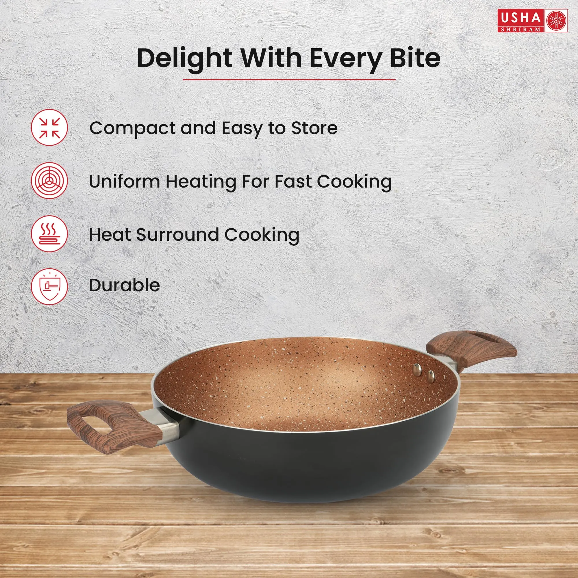 USHA SHRIRAM Non Stick Kadai with Lid | 26 cm | 3.6 L Capacity | Gas Cookware | Non Stick Cookware | Aluminium Kadai with Lid | Deep Base Kadai | Deep Fry Kadai (Majestic Midnight)