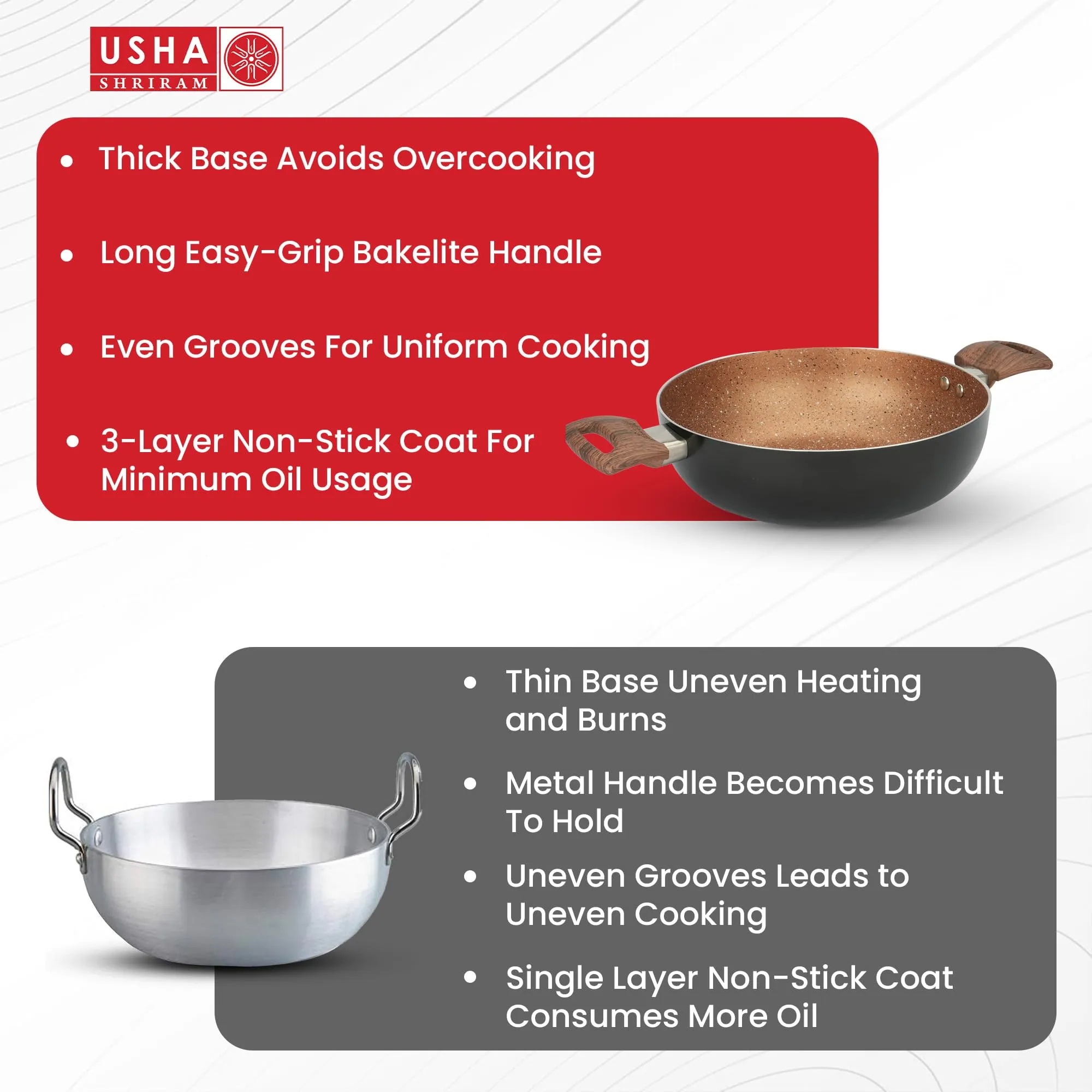 USHA SHRIRAM Non Stick Kadai with Lid | 26 cm | 3.6 L Capacity | Gas Cookware | Non Stick Cookware | Aluminium Kadai with Lid | Deep Base Kadai | Deep Fry Kadai (Majestic Midnight)