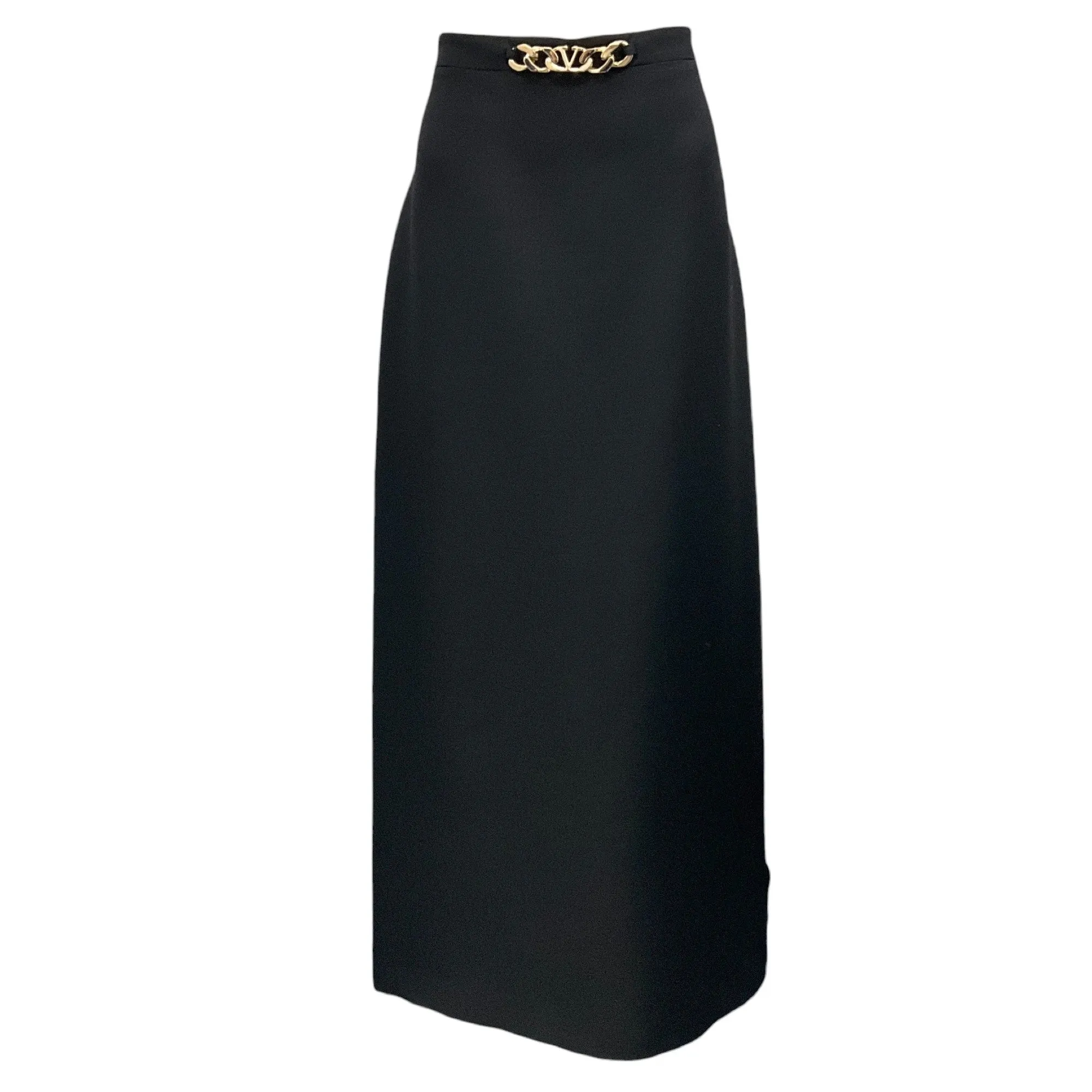 Valentino Black / Gold 2022 VLogo Chain Detail Wool Midi Skirt