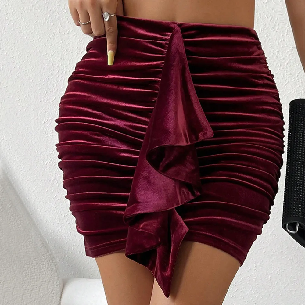 Velvet Pleated Front Irregular Lace Bodycon Mini Skirt