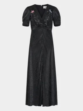 Venyx Lea Long Dress in Black Moonbeam Embroidery