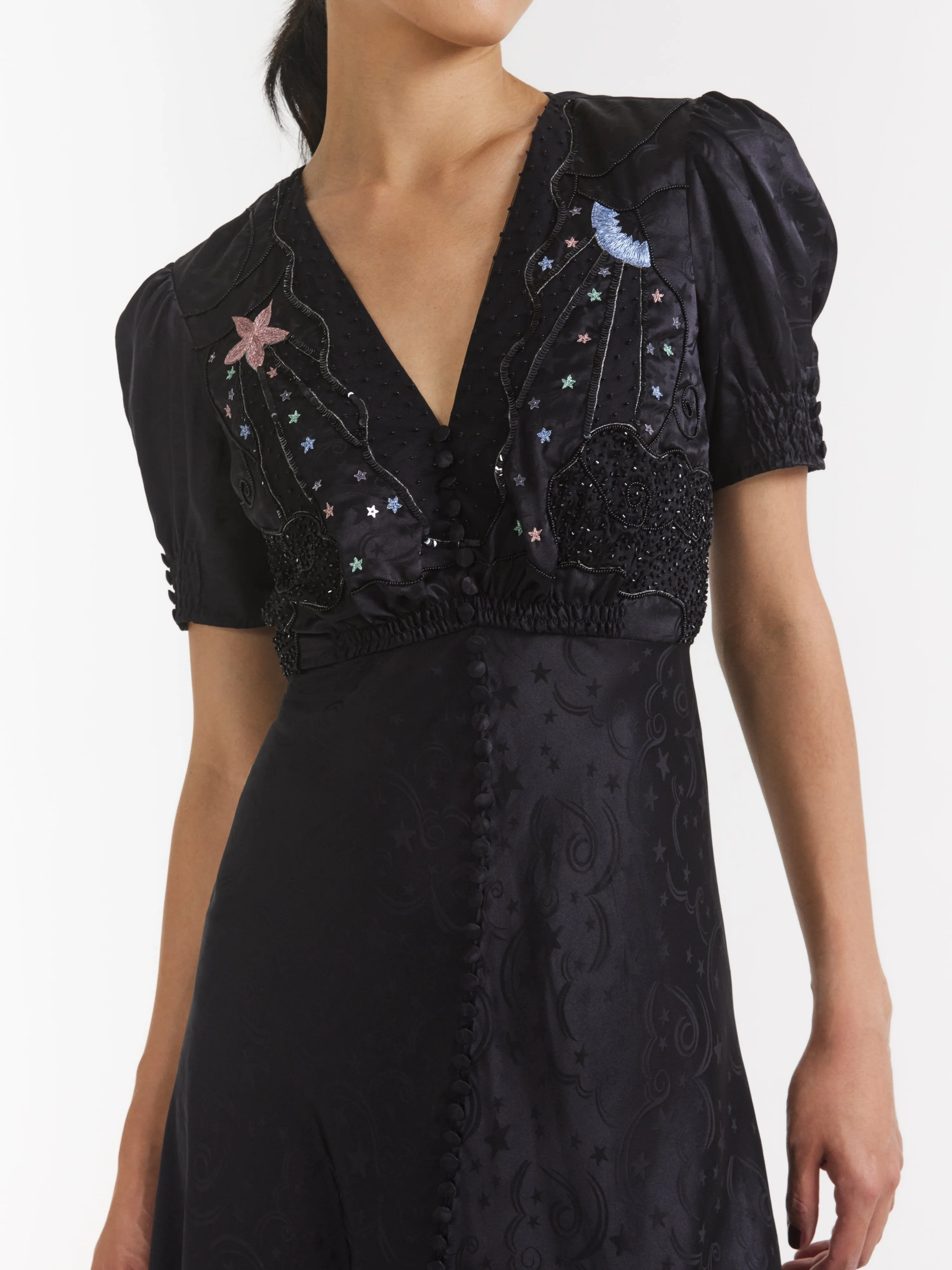 Venyx Lea Long Dress in Black Moonbeam Embroidery