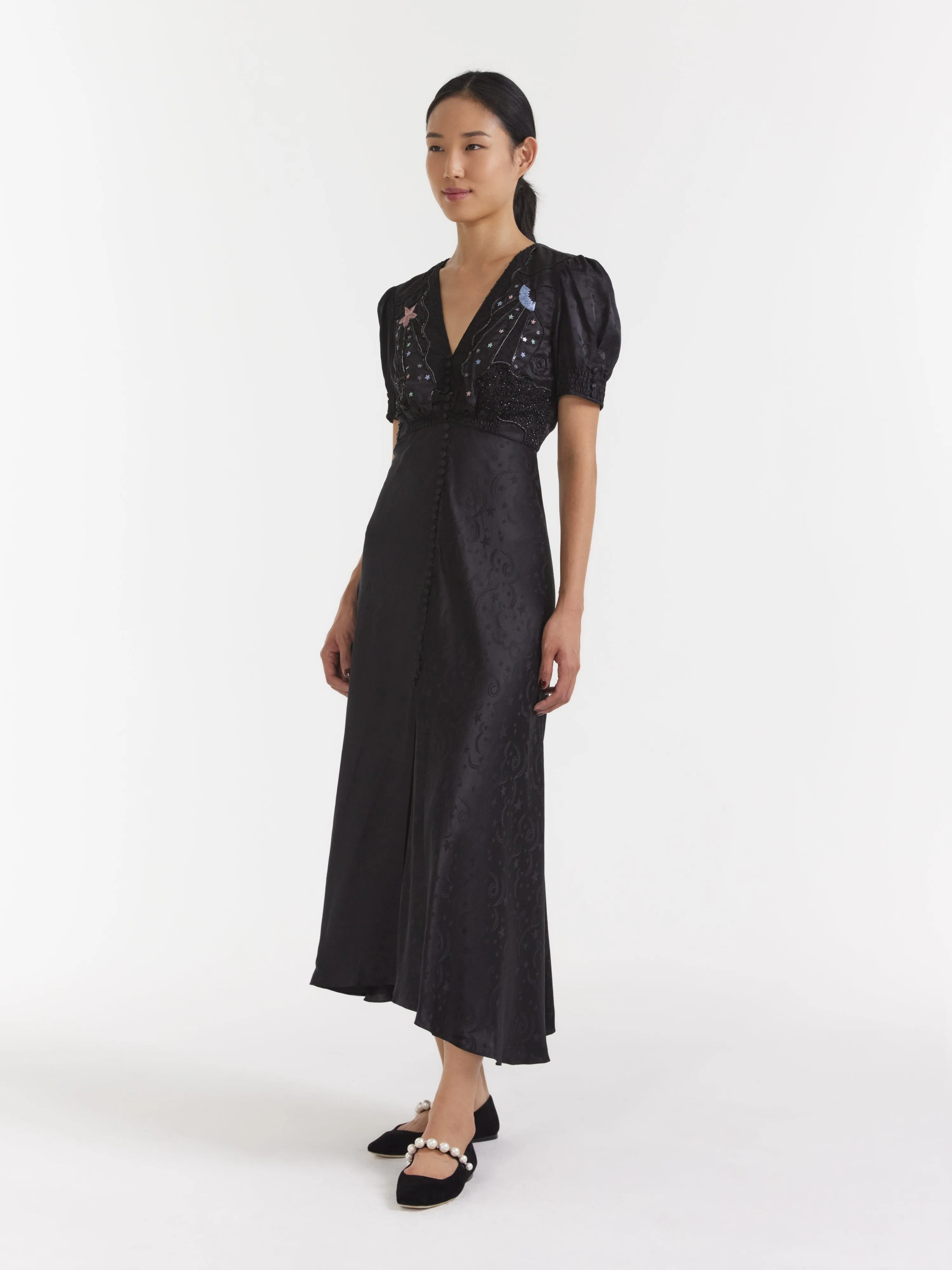 Venyx Lea Long Dress in Black Moonbeam Embroidery