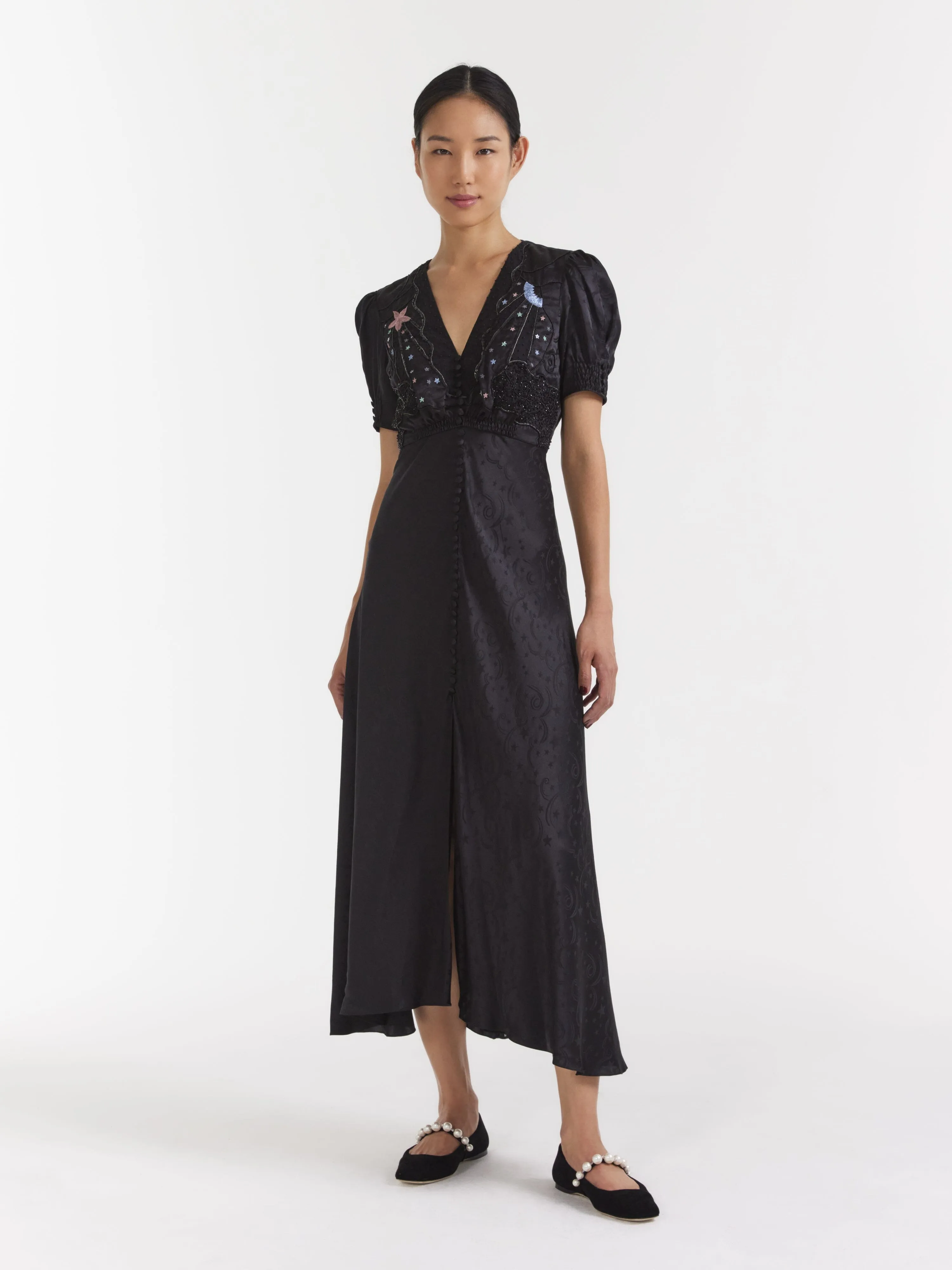 Venyx Lea Long Dress in Black Moonbeam Embroidery