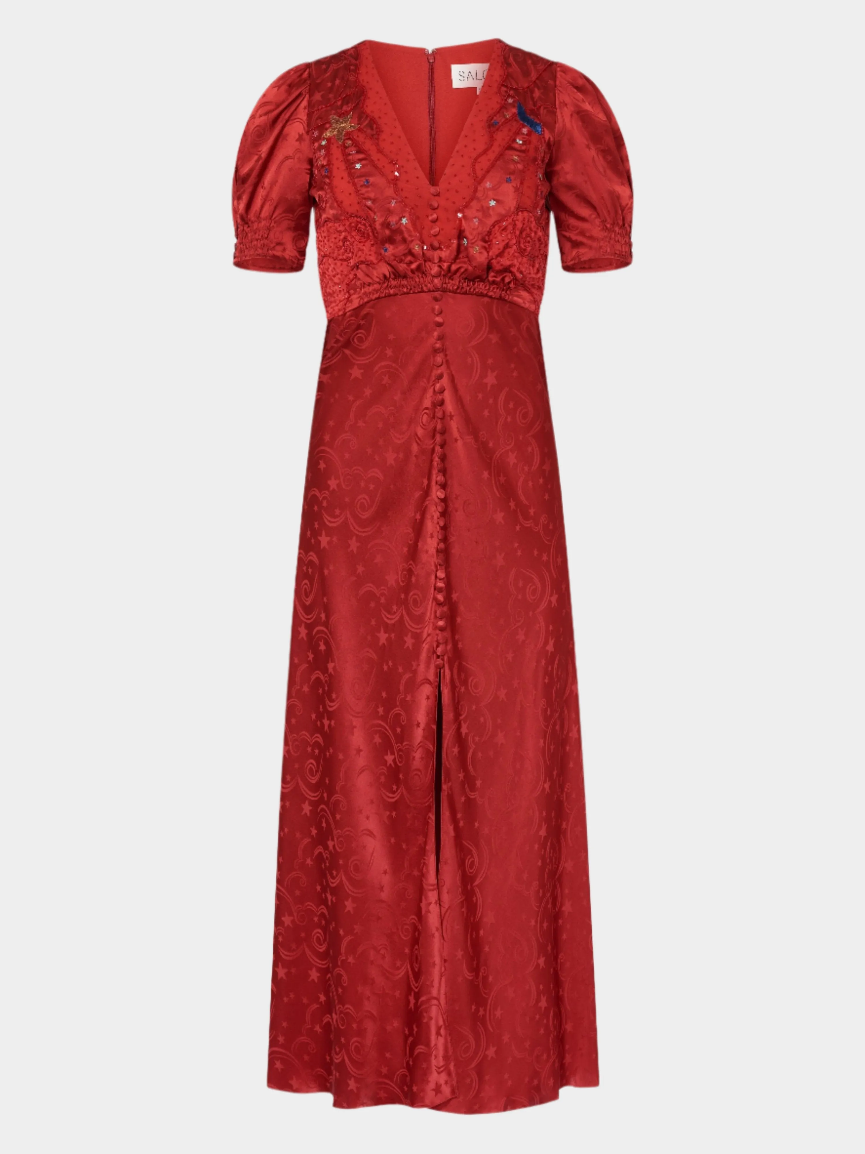 Venyx Lea Long Dress in Deep Red Moonbeam Embroidery