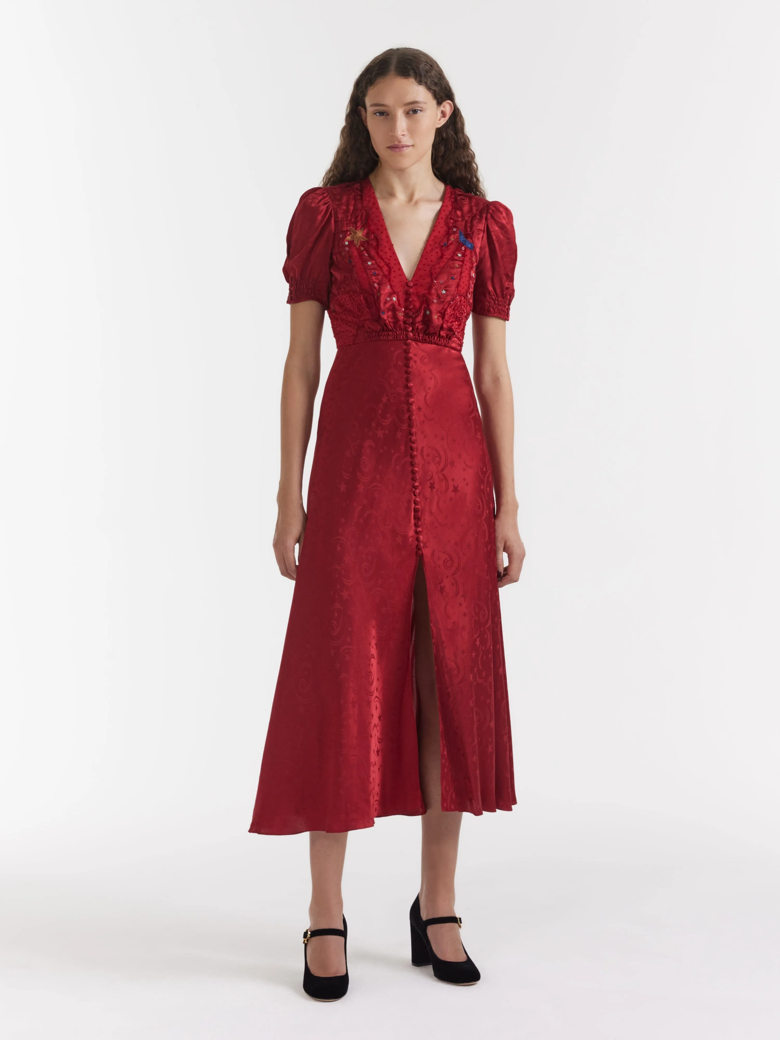 Venyx Lea Long Dress in Deep Red Moonbeam Embroidery