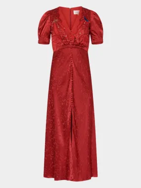 Venyx Lea Long Dress in Deep Red Moonbeam Embroidery