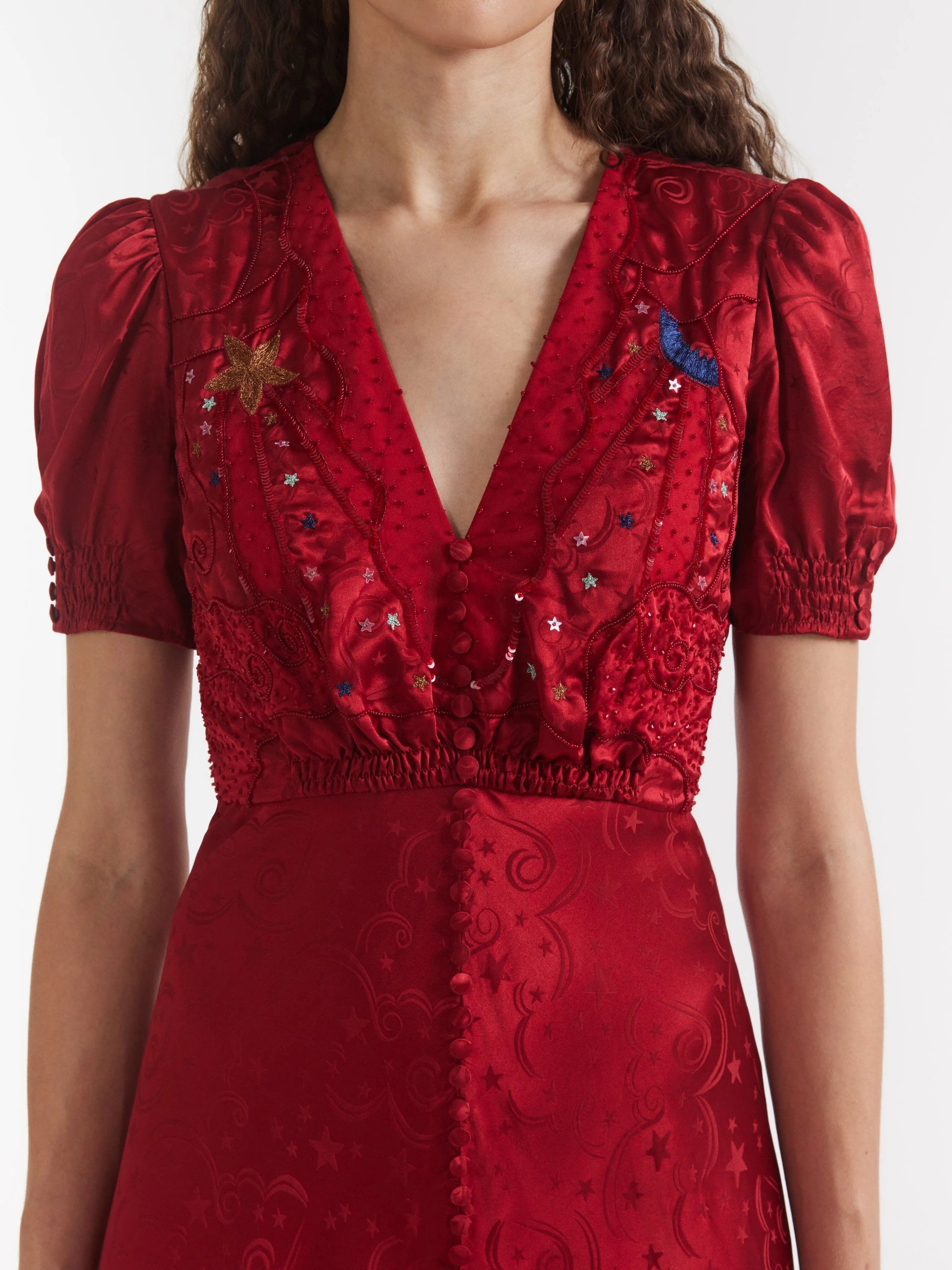 Venyx Lea Long Dress in Deep Red Moonbeam Embroidery