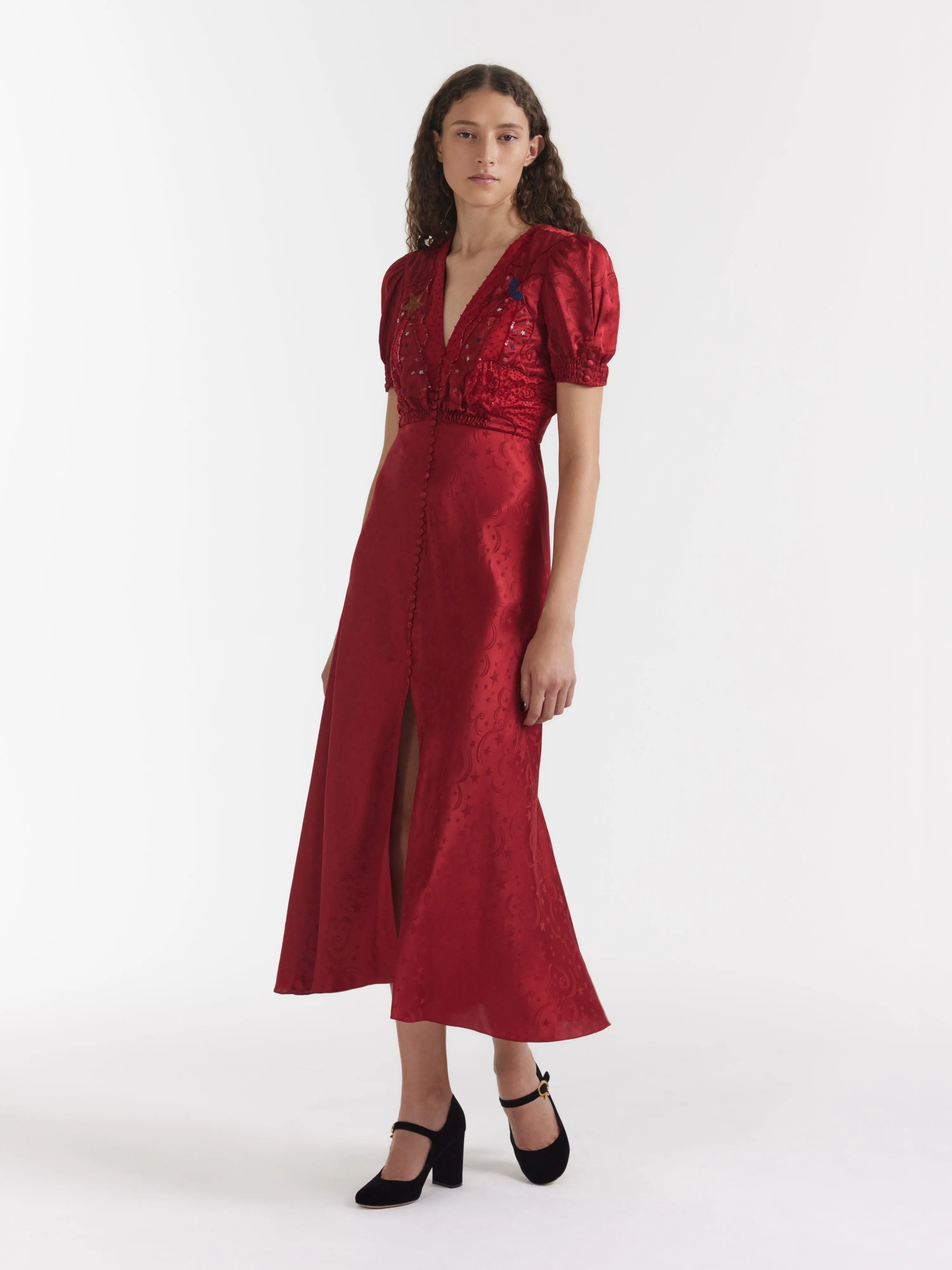 Venyx Lea Long Dress in Deep Red Moonbeam Embroidery