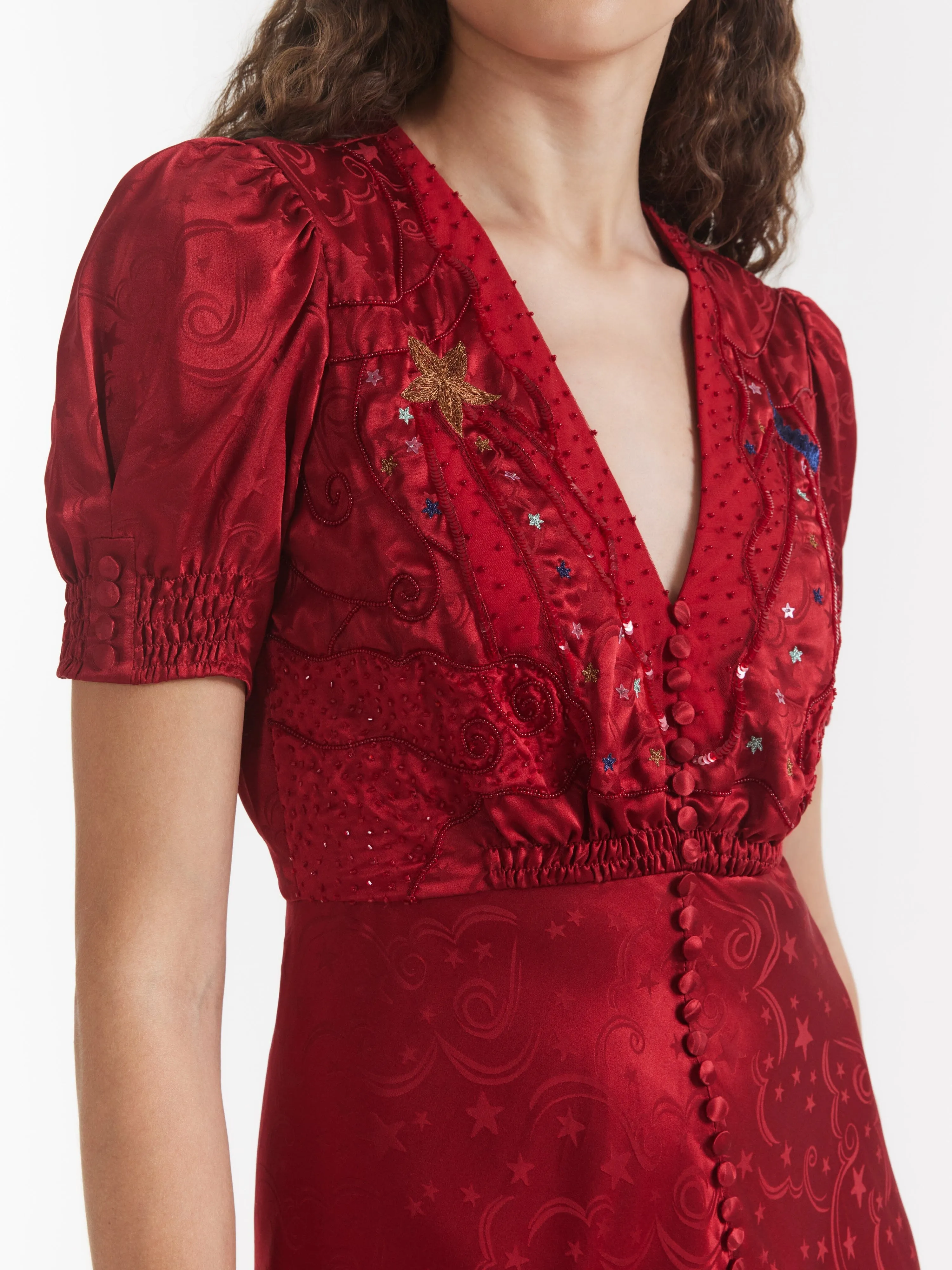 Venyx Lea Long Dress in Deep Red Moonbeam Embroidery