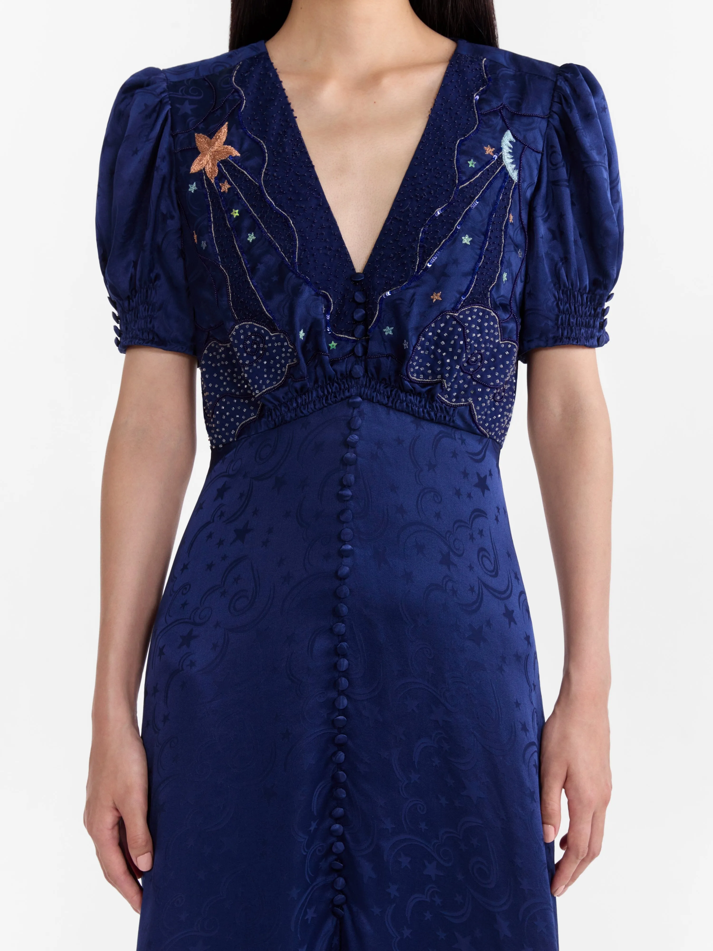 Venyx Lea Long Dress in Navy Astro Embroidered