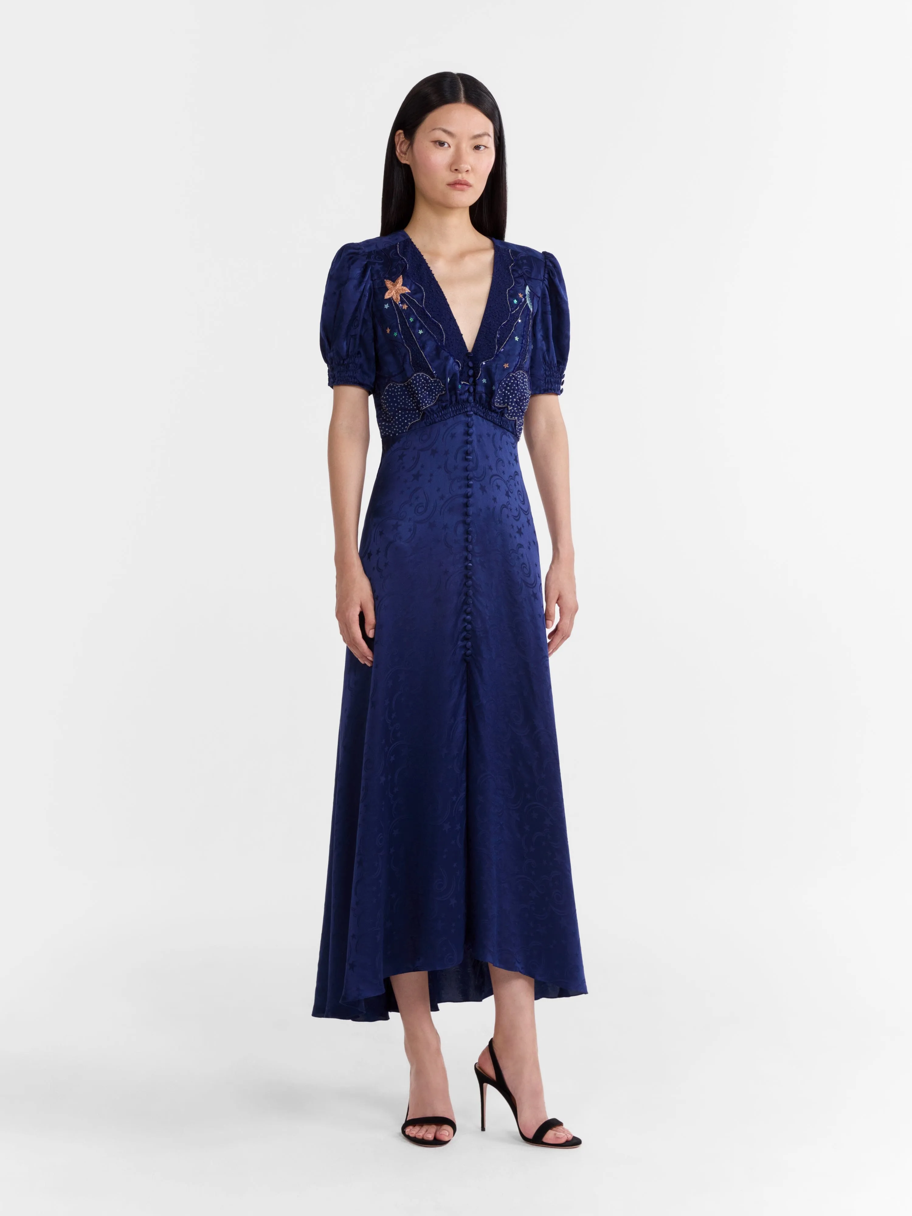 Venyx Lea Long Dress in Navy Astro Embroidered