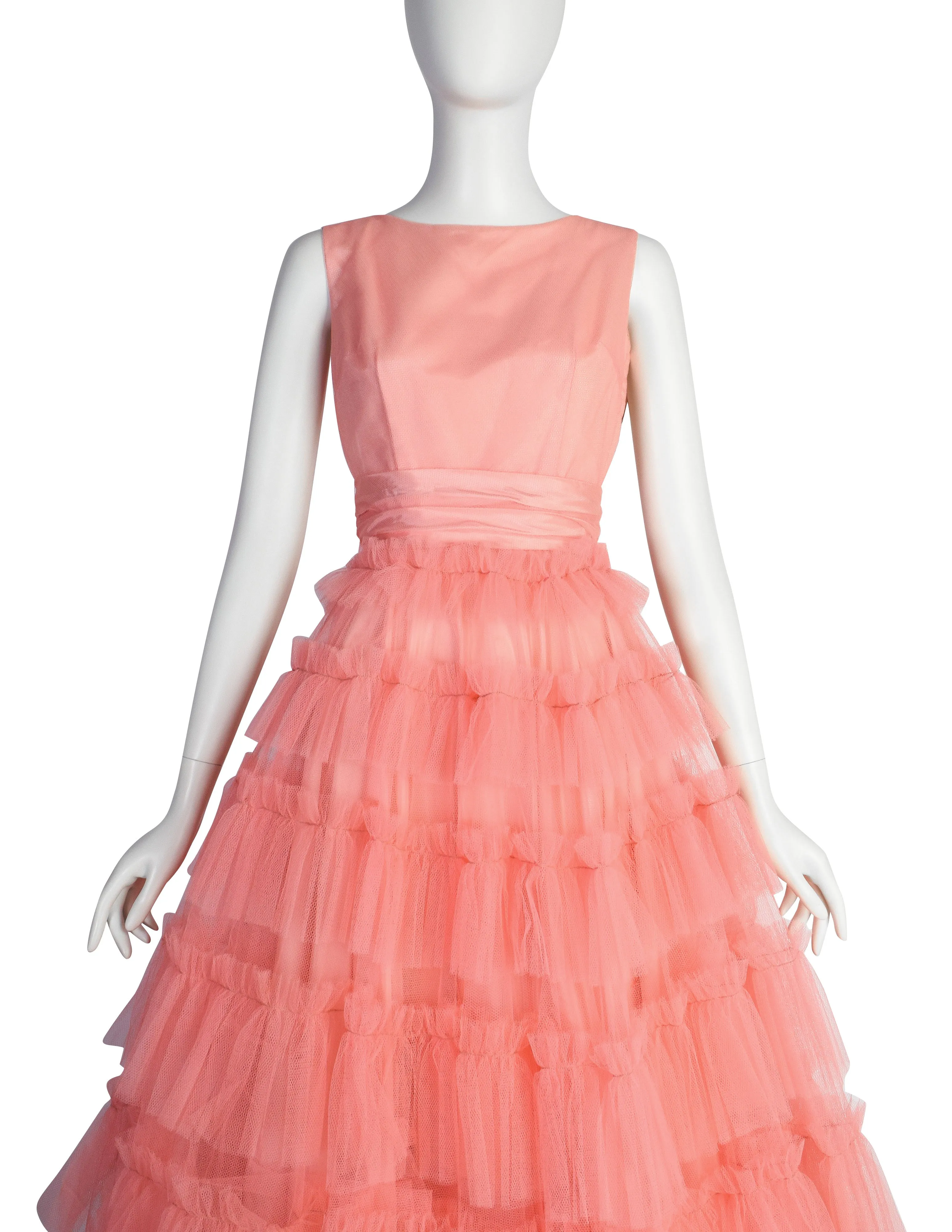 Vintage 1950s Pink Layered Mesh Tulle Tiered Cupcake Party Dress