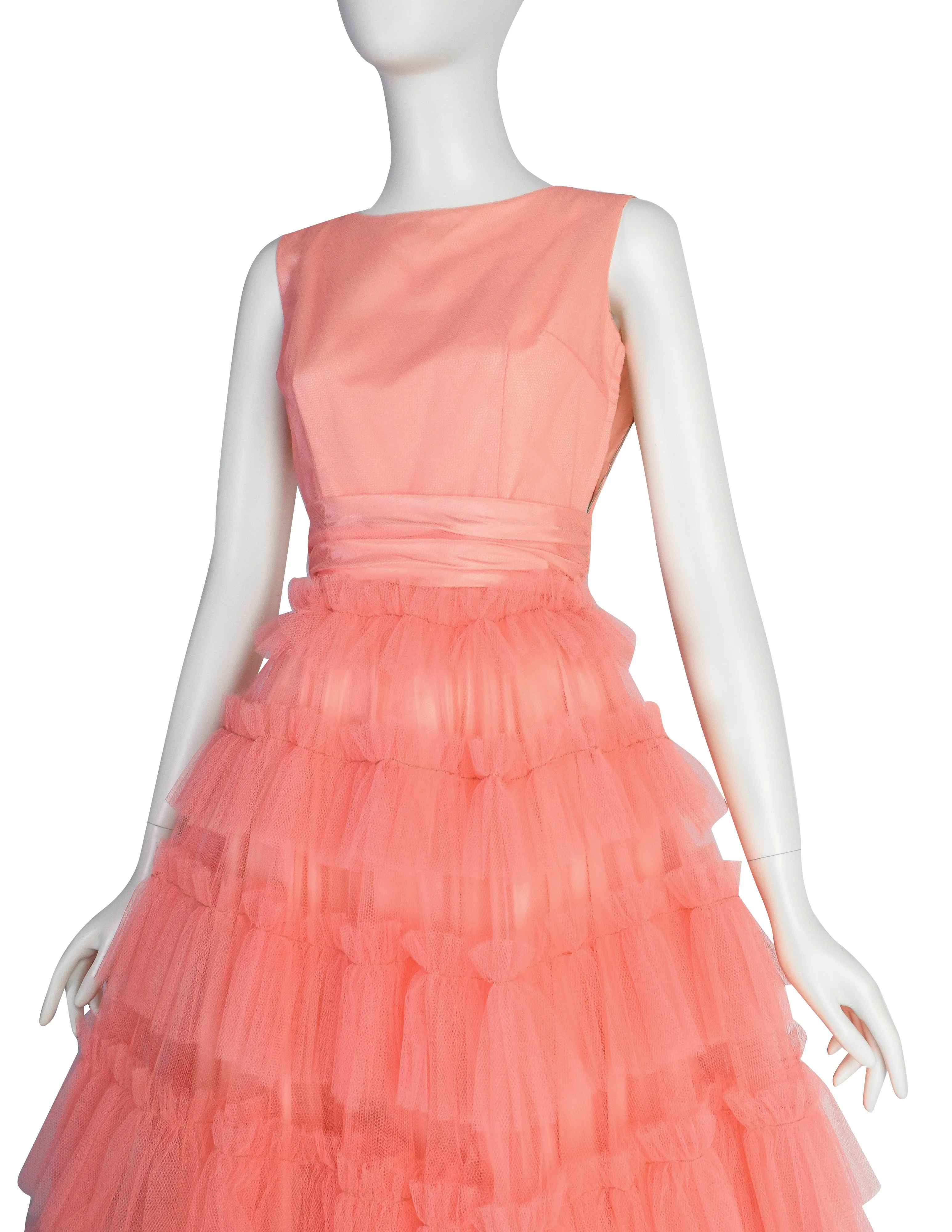 Vintage 1950s Pink Layered Mesh Tulle Tiered Cupcake Party Dress