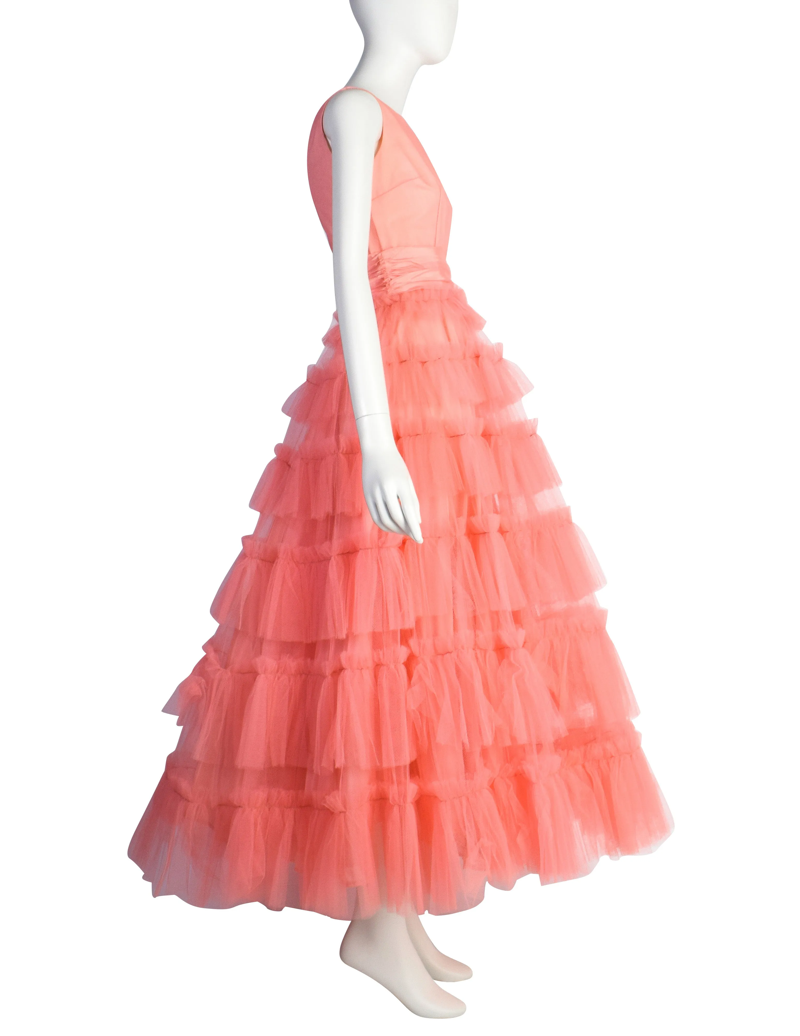 Vintage 1950s Pink Layered Mesh Tulle Tiered Cupcake Party Dress