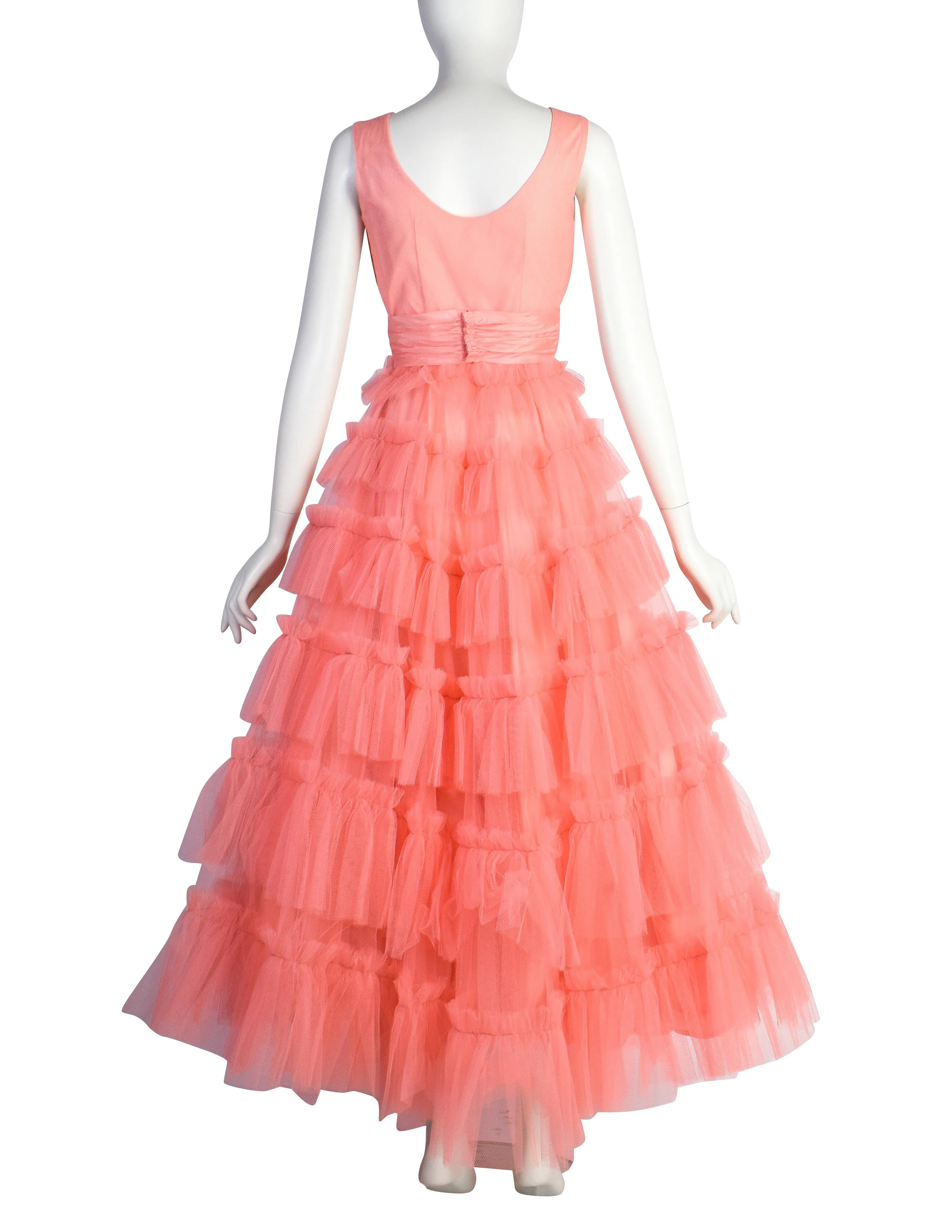 Vintage 1950s Pink Layered Mesh Tulle Tiered Cupcake Party Dress