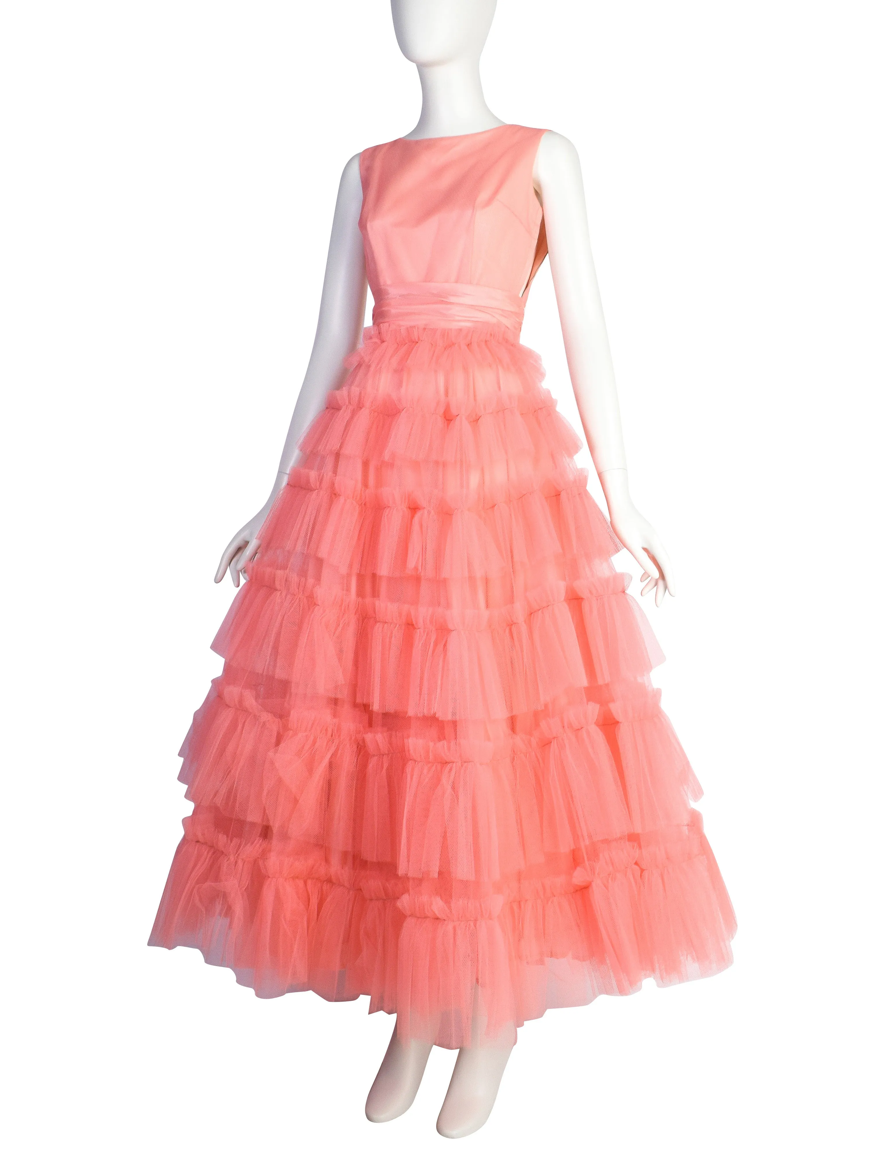 Vintage 1950s Pink Layered Mesh Tulle Tiered Cupcake Party Dress