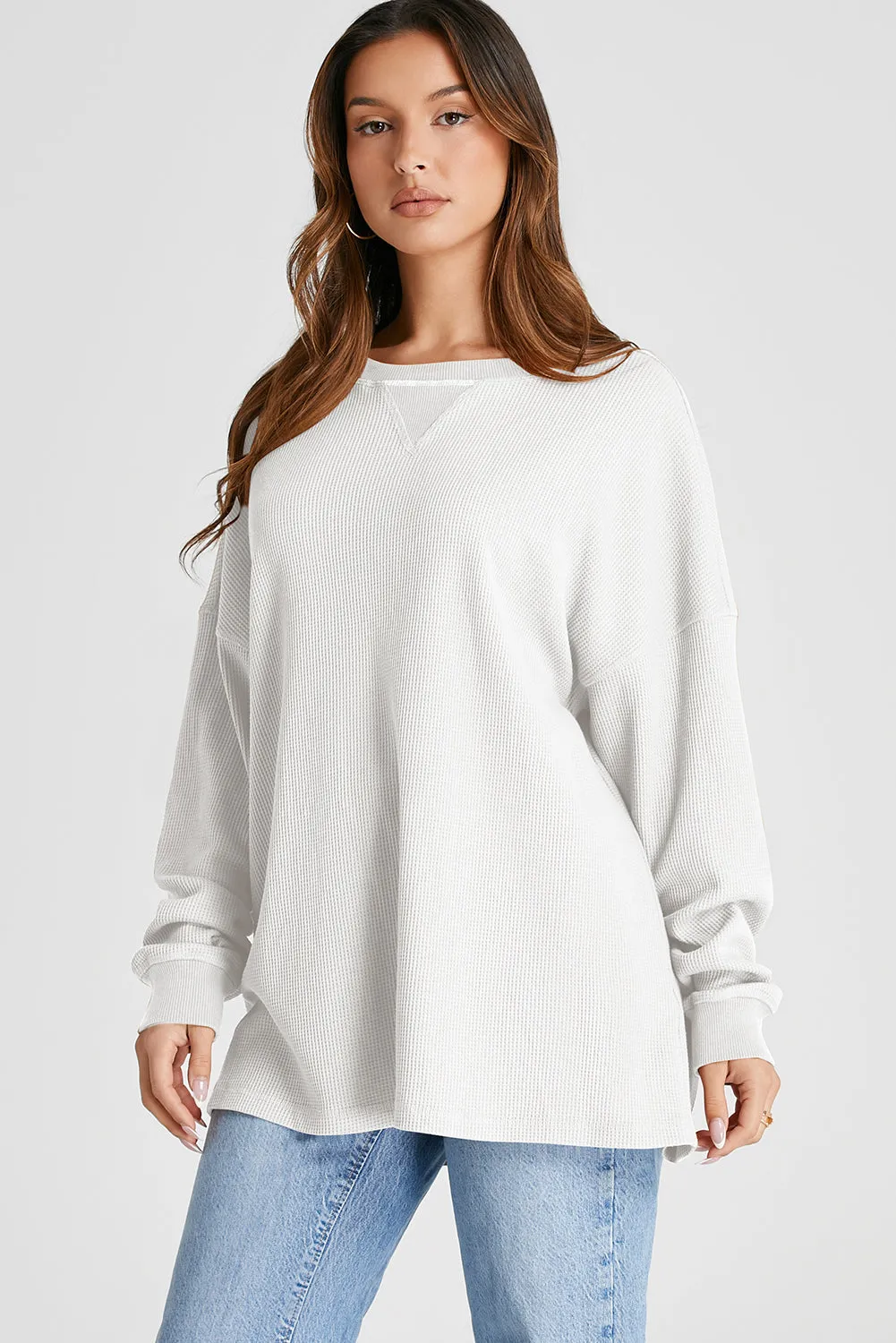 Waffle-Knit Long Sleeve Sweatshirt