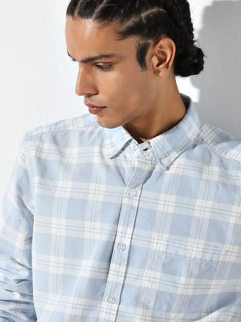 WES Casuals Light Blue Checkered Print Slim Fit Shirt