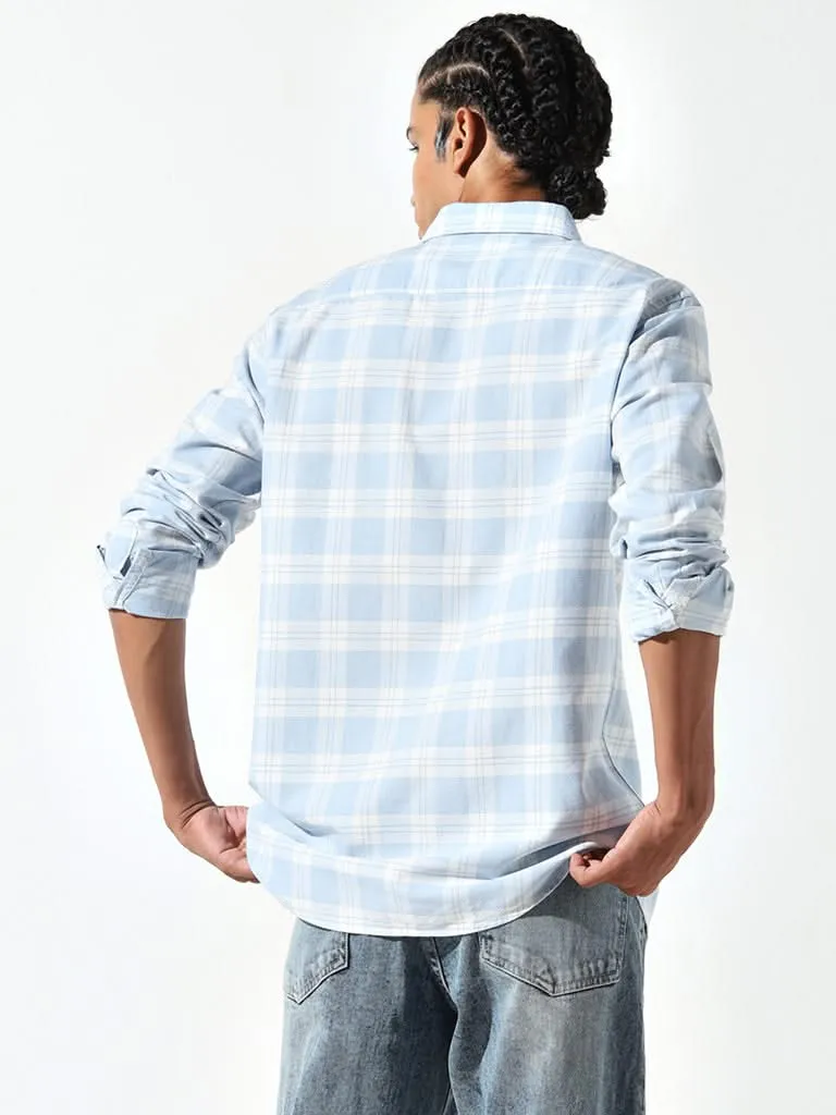 WES Casuals Light Blue Checkered Print Slim Fit Shirt