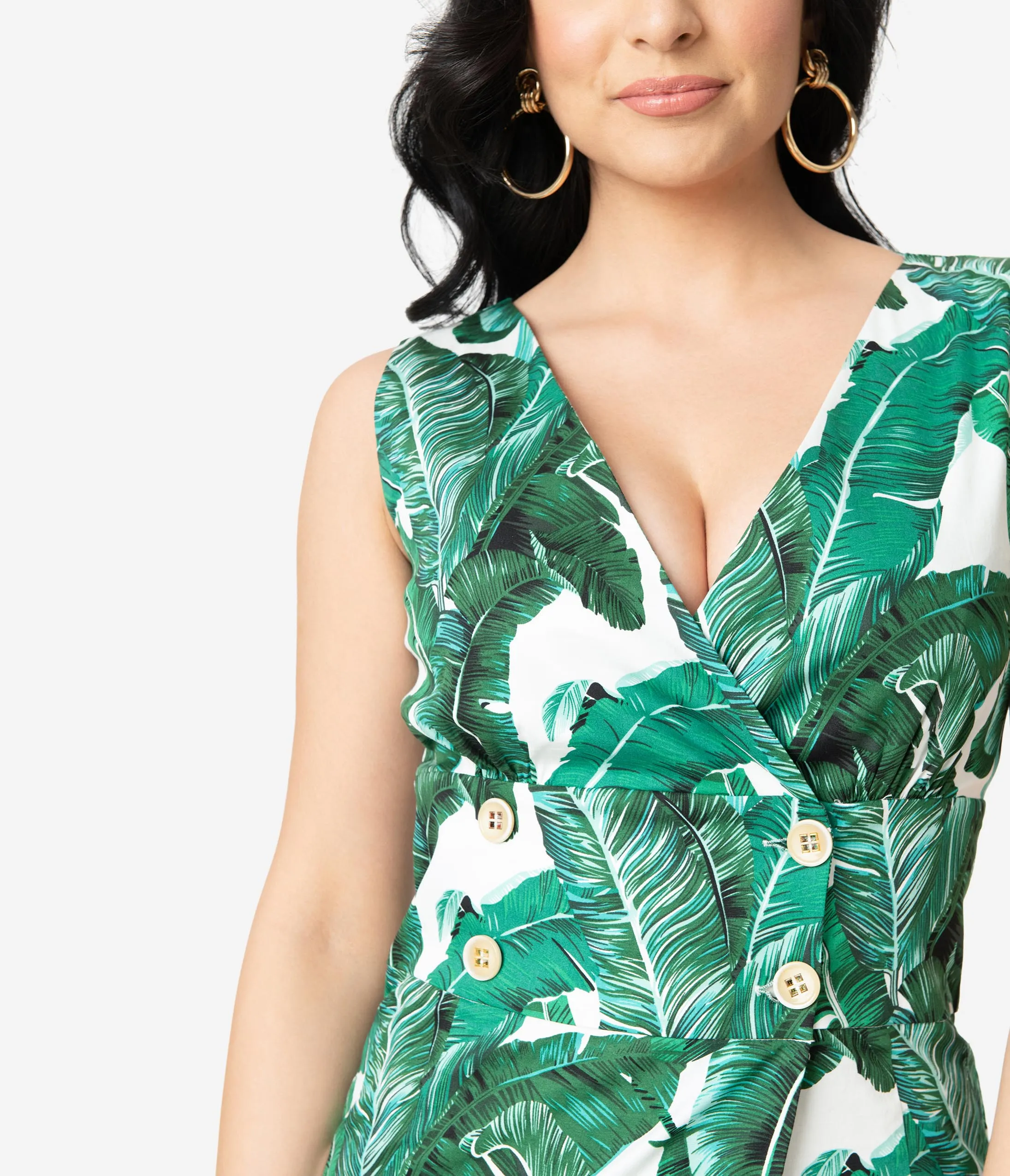 White & Green Palms Sleeveless Midi Dress