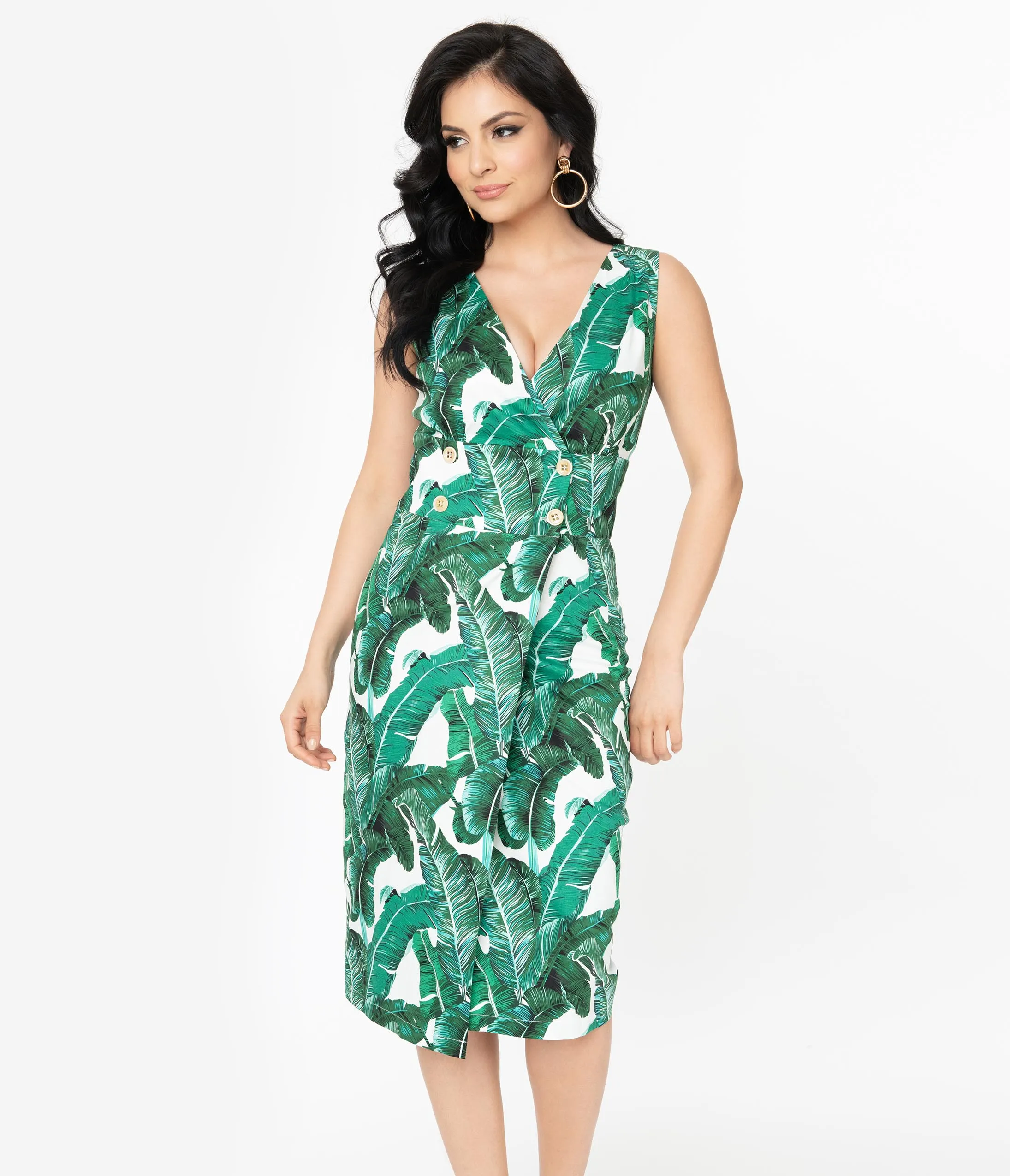 White & Green Palms Sleeveless Midi Dress