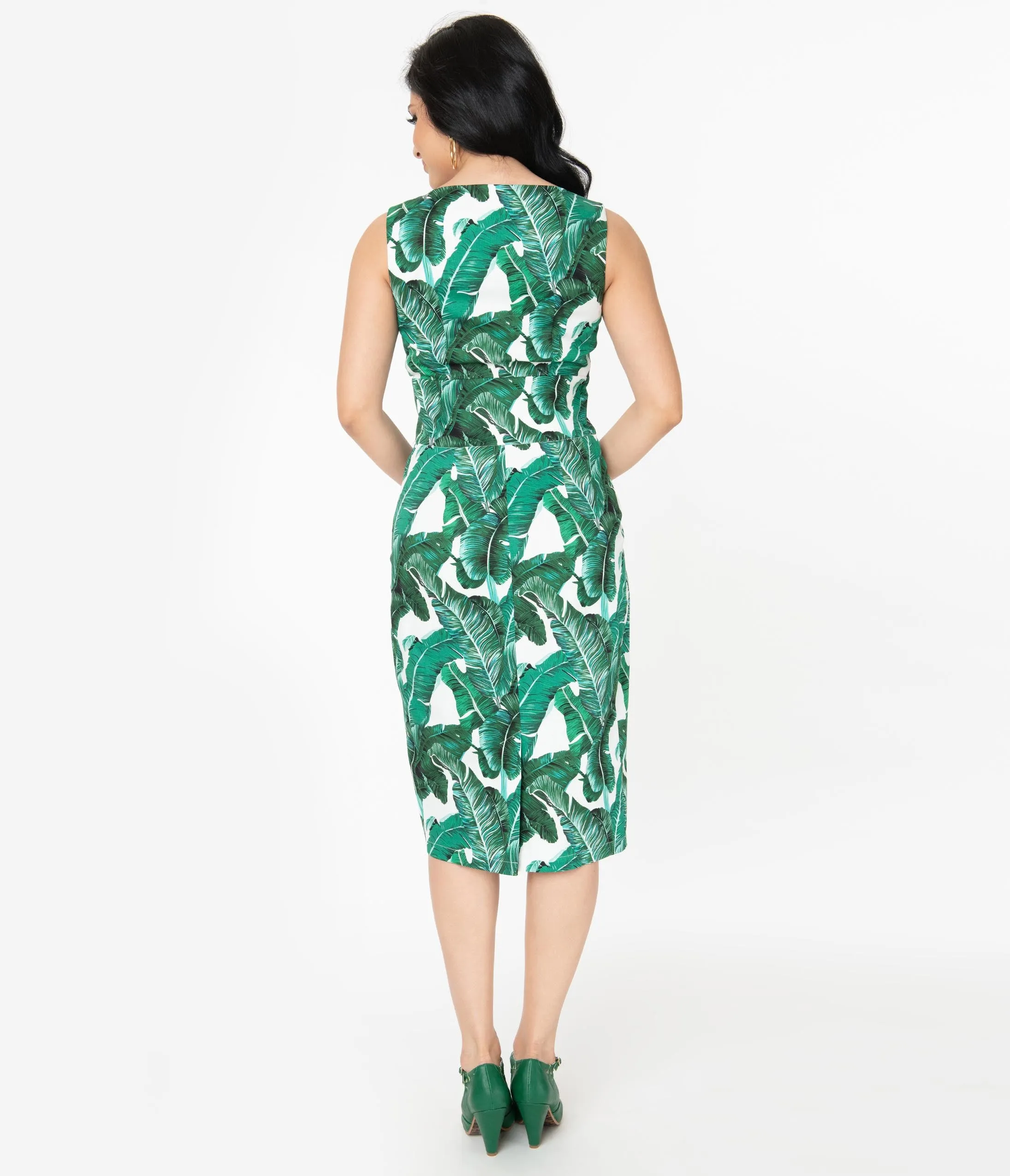 White & Green Palms Sleeveless Midi Dress