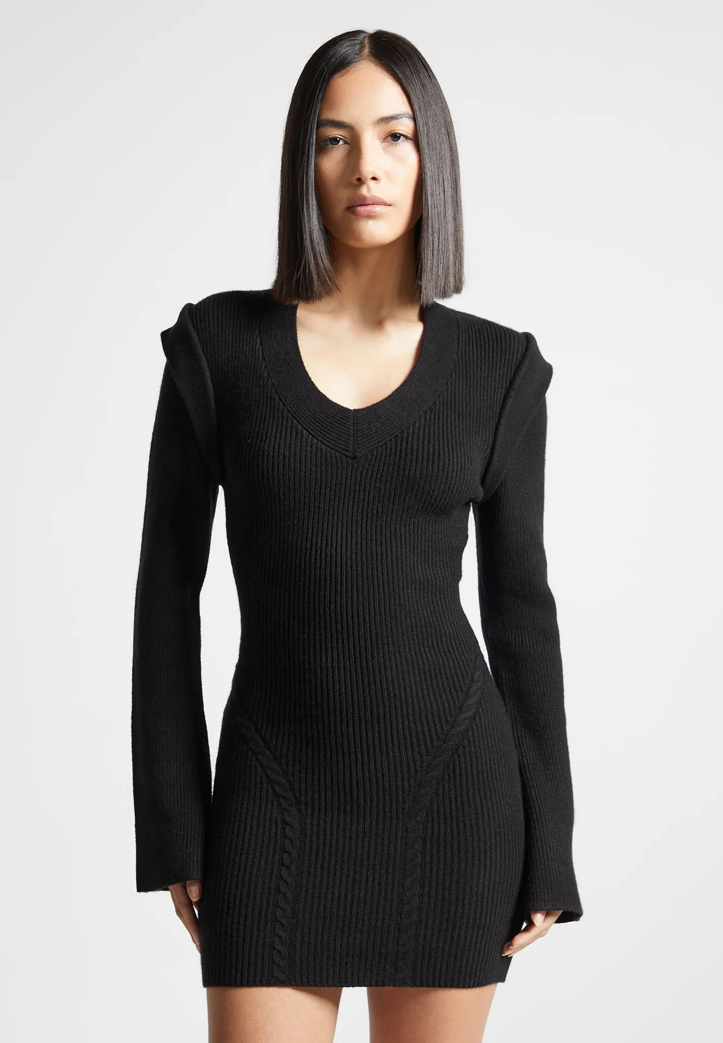 Wide Shoulder Knitted Contour Mini Dress - Black