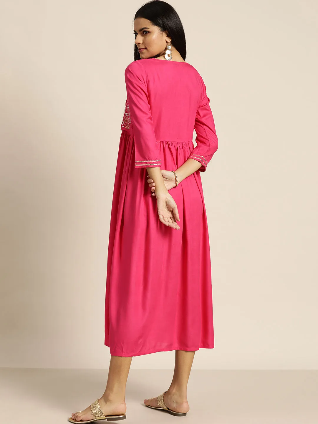 Women Fuchsia Zari Embroidered Liva Dress With Jacket