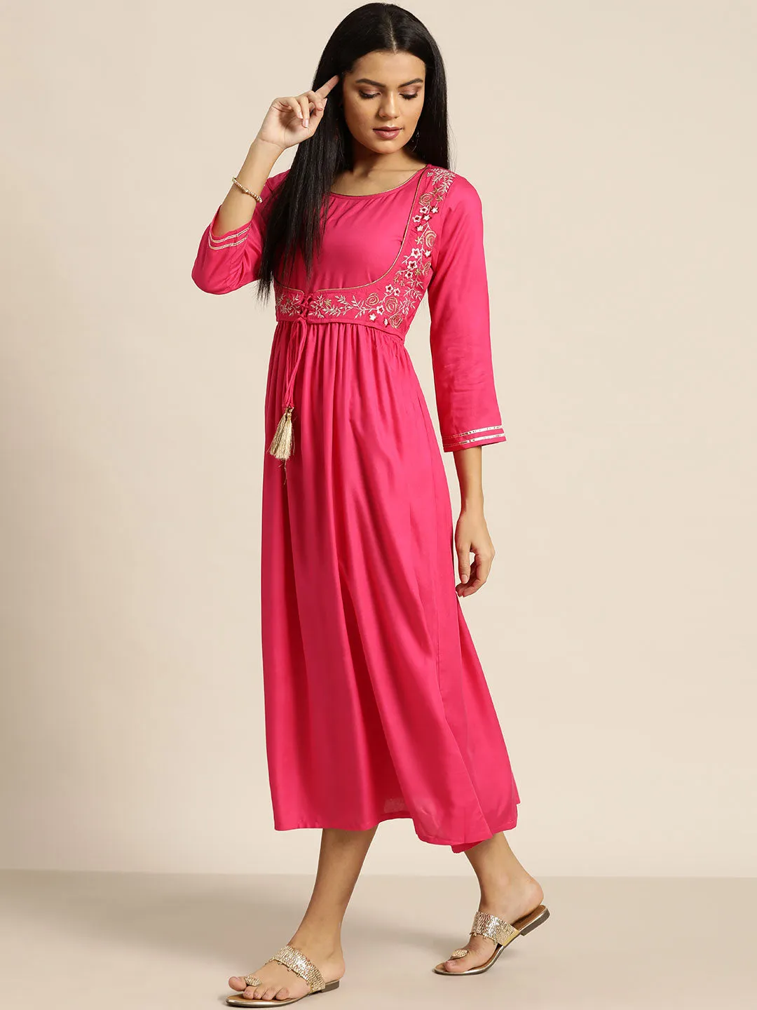 Women Fuchsia Zari Embroidered Liva Dress With Jacket