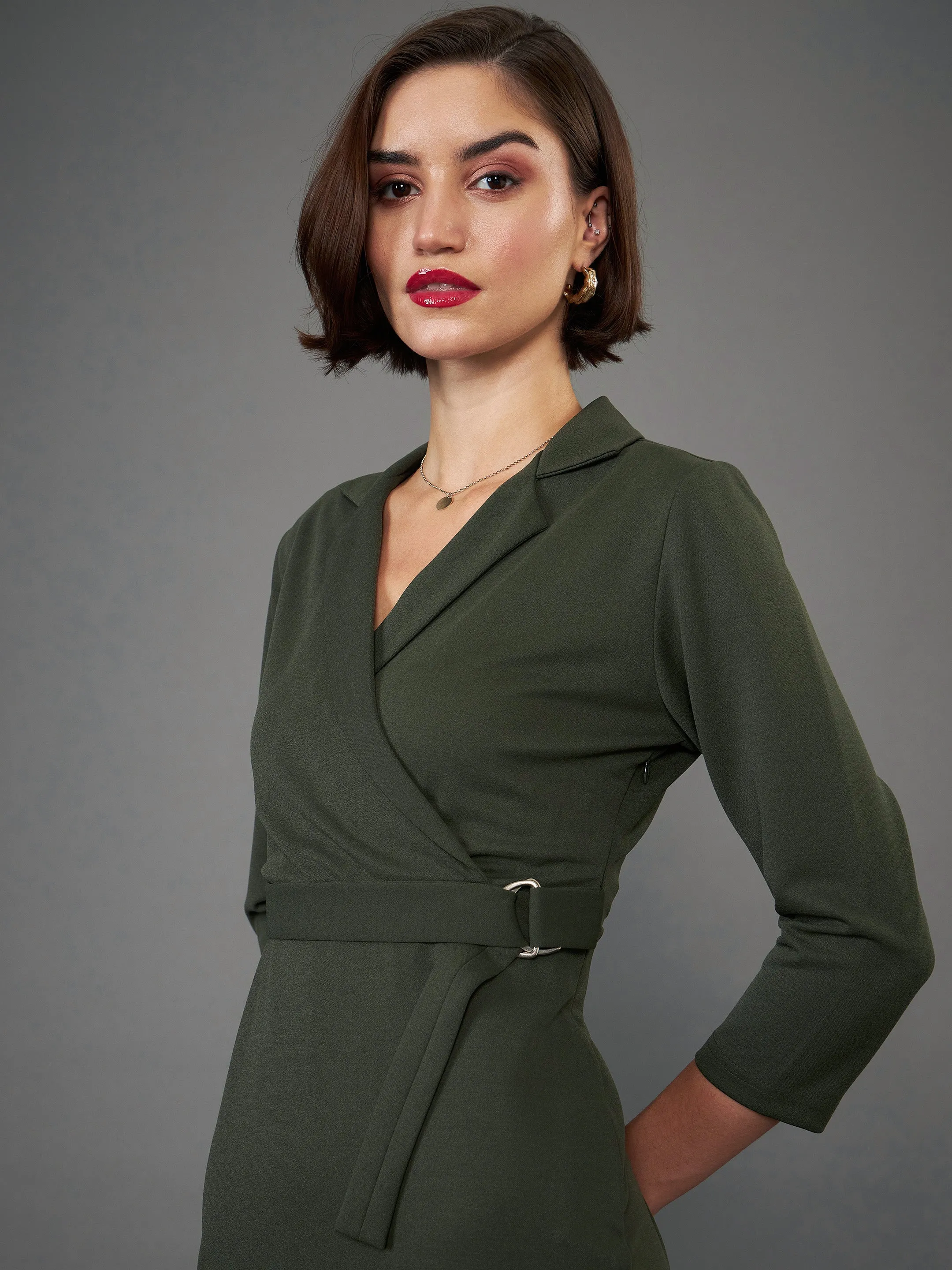 Women Olive Front Wrap Bodycon Midi Dress