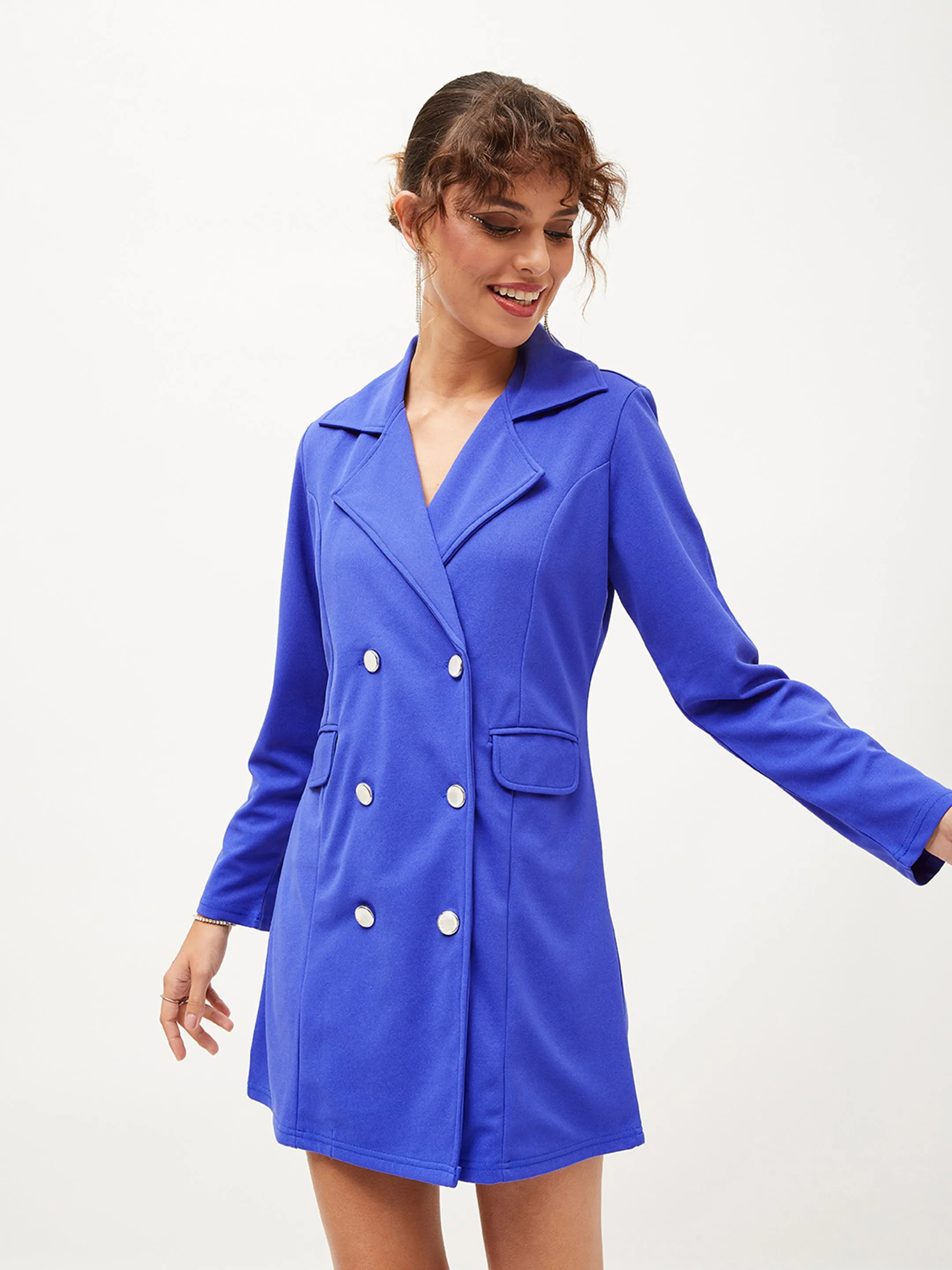 Women Royal Blue Knitted Blazer Dress