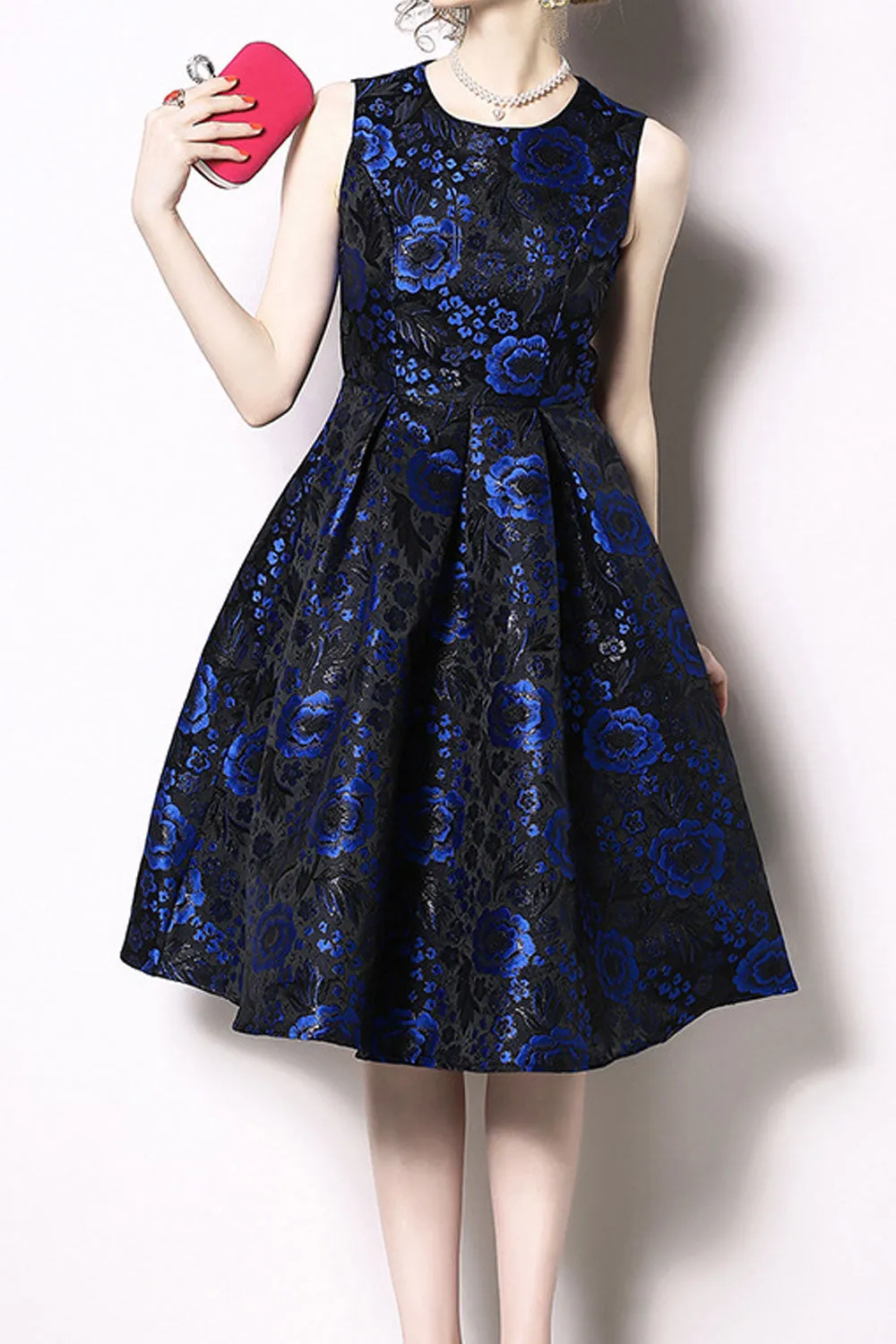 Women Slim Waist Awesome Floral Pattern Round Neck Pleated Hem Above Knee Sleeveless Dress - C13449JPD