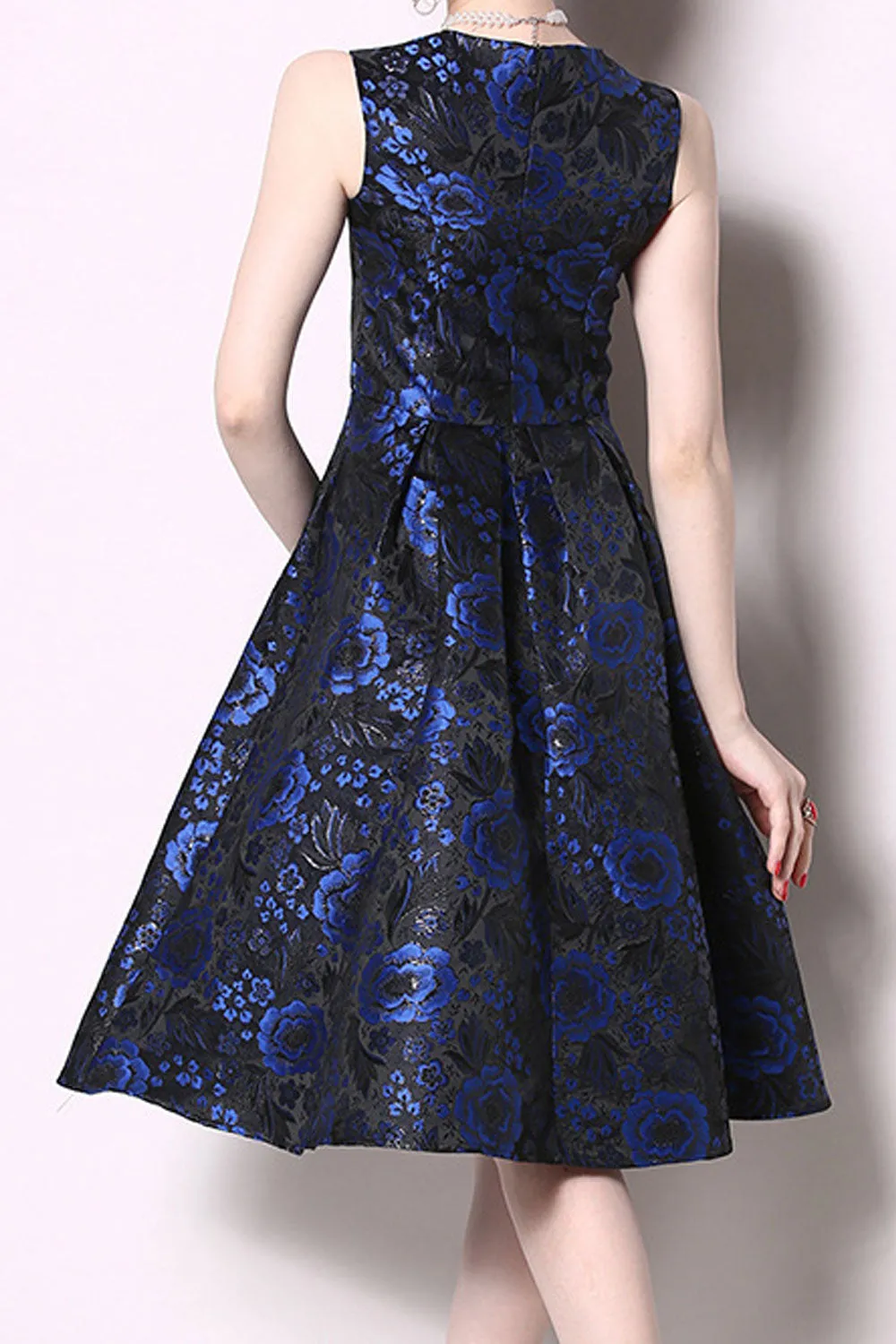 Women Slim Waist Awesome Floral Pattern Round Neck Pleated Hem Above Knee Sleeveless Dress - C13449JPD