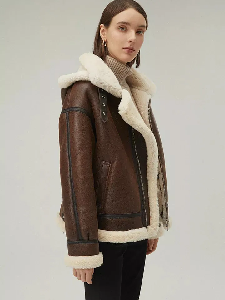 Women’s Chocolate Brown Leather Shearling Removable Hood Coat