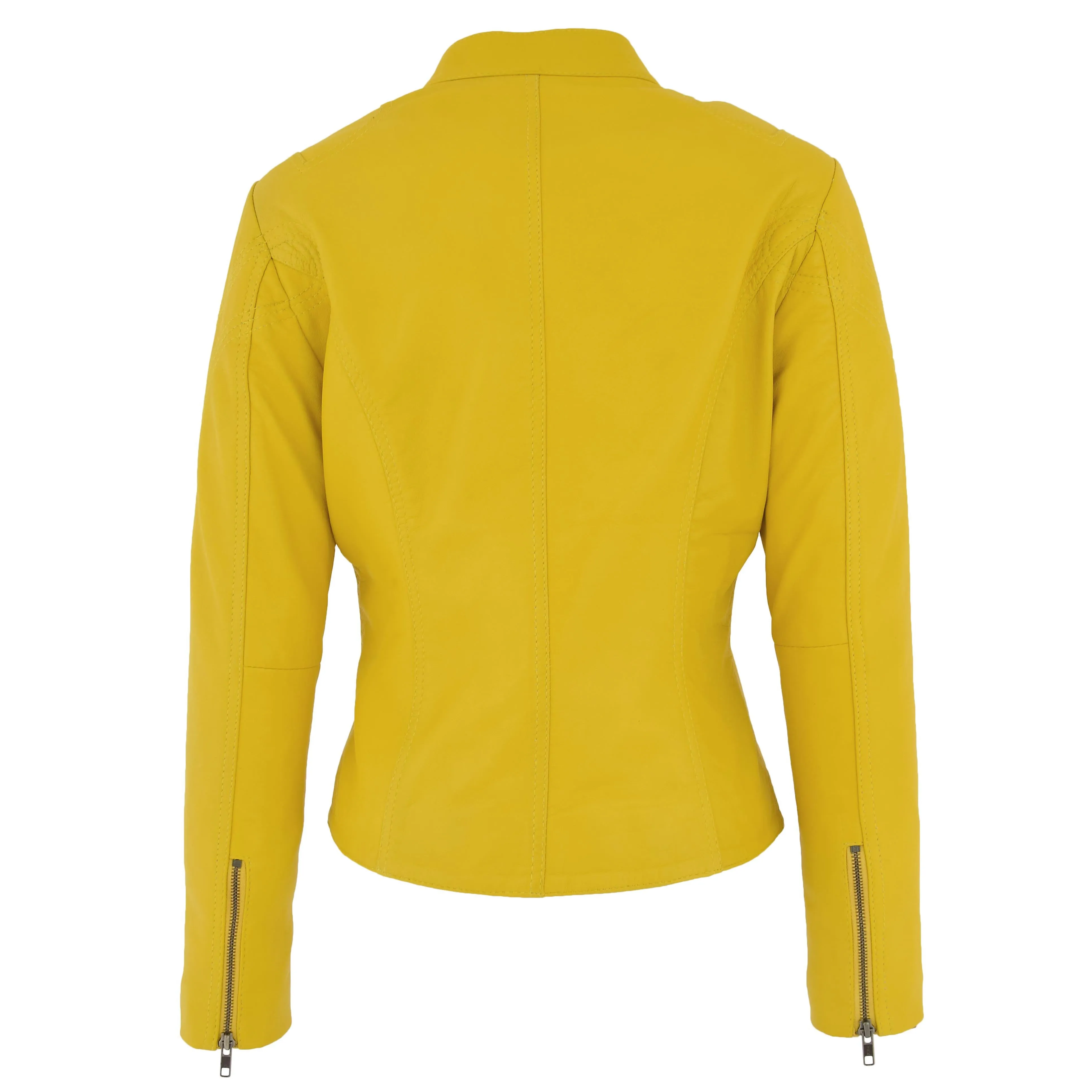 Womens Fitted Leather Biker Jacket Casual Zip Up Coat Jenny Yellow