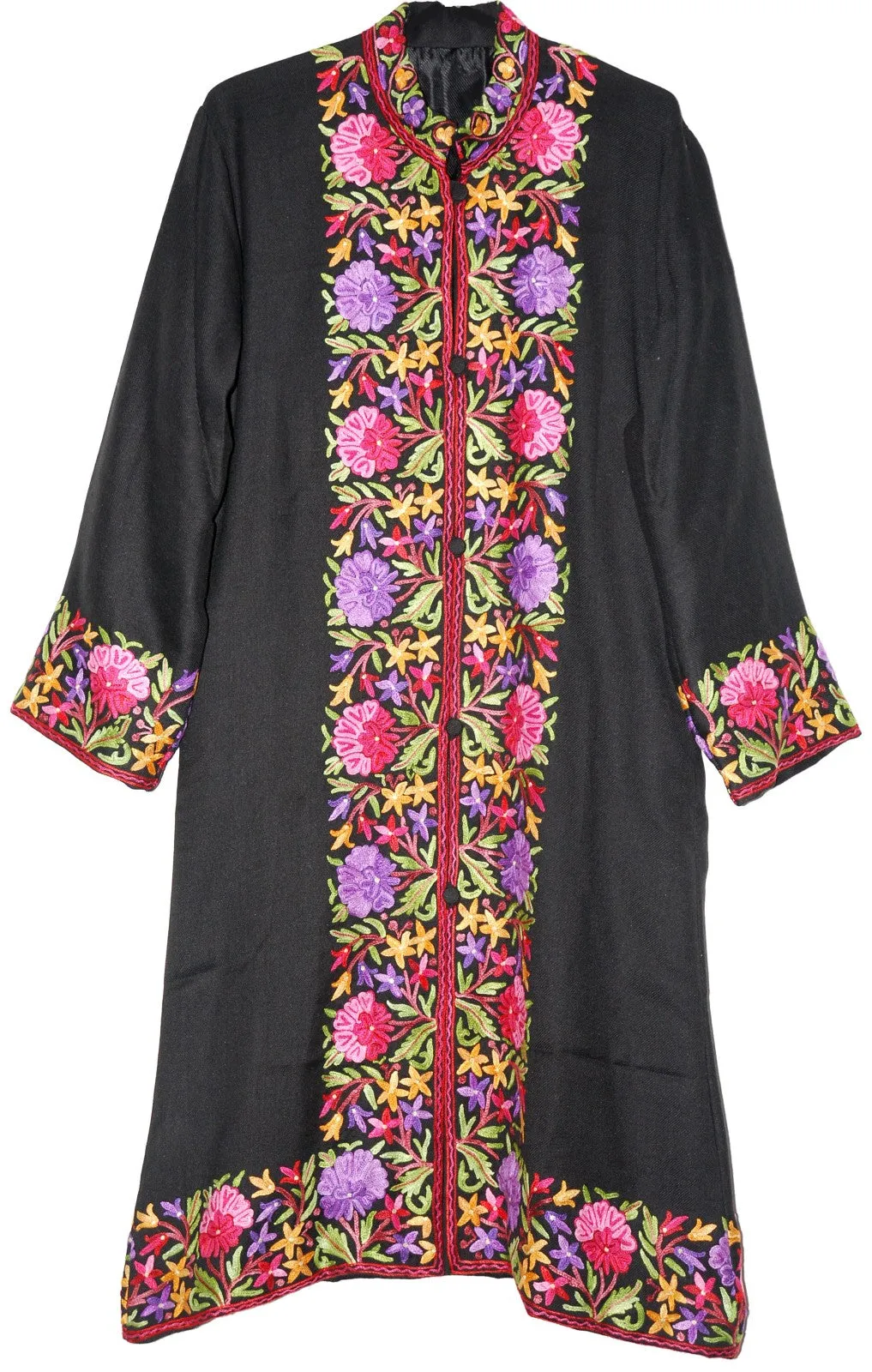 Woolen Coat Long Jacket Black, Multicolor Embroidery #BD-112