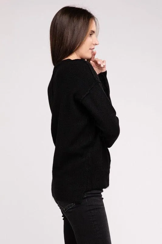 Zenana Hi-Low Hem Round Neck Sweater