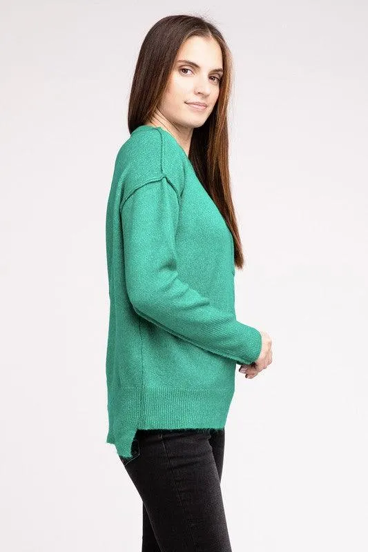 Zenana Hi-Low Hem Round Neck Sweater