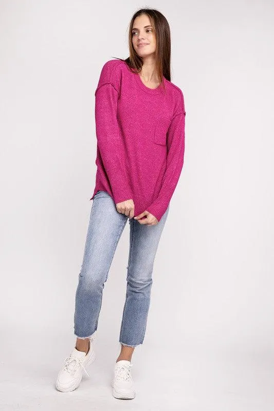 Zenana Hi-Low Hem Round Neck Sweater