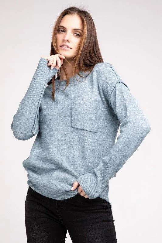 Zenana Hi-Low Hem Round Neck Sweater