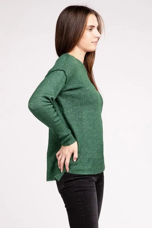 Zenana Hi-Low Hem Round Neck Sweater