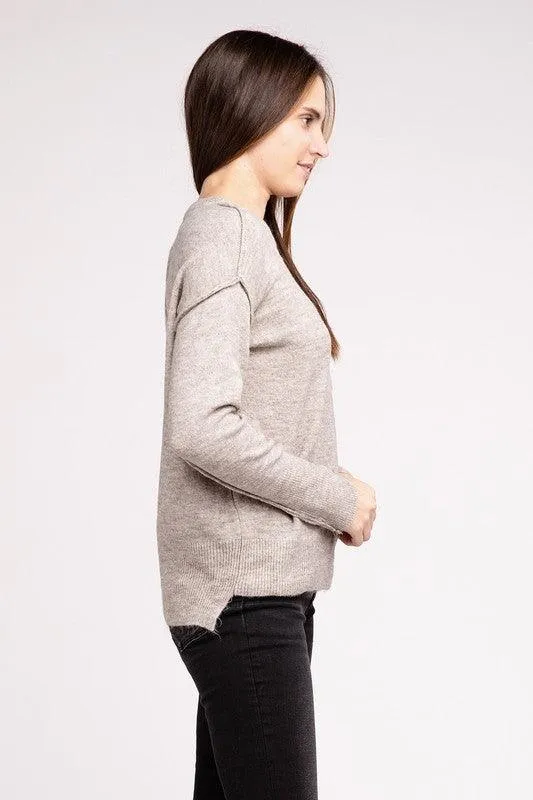 Zenana Hi-Low Hem Round Neck Sweater