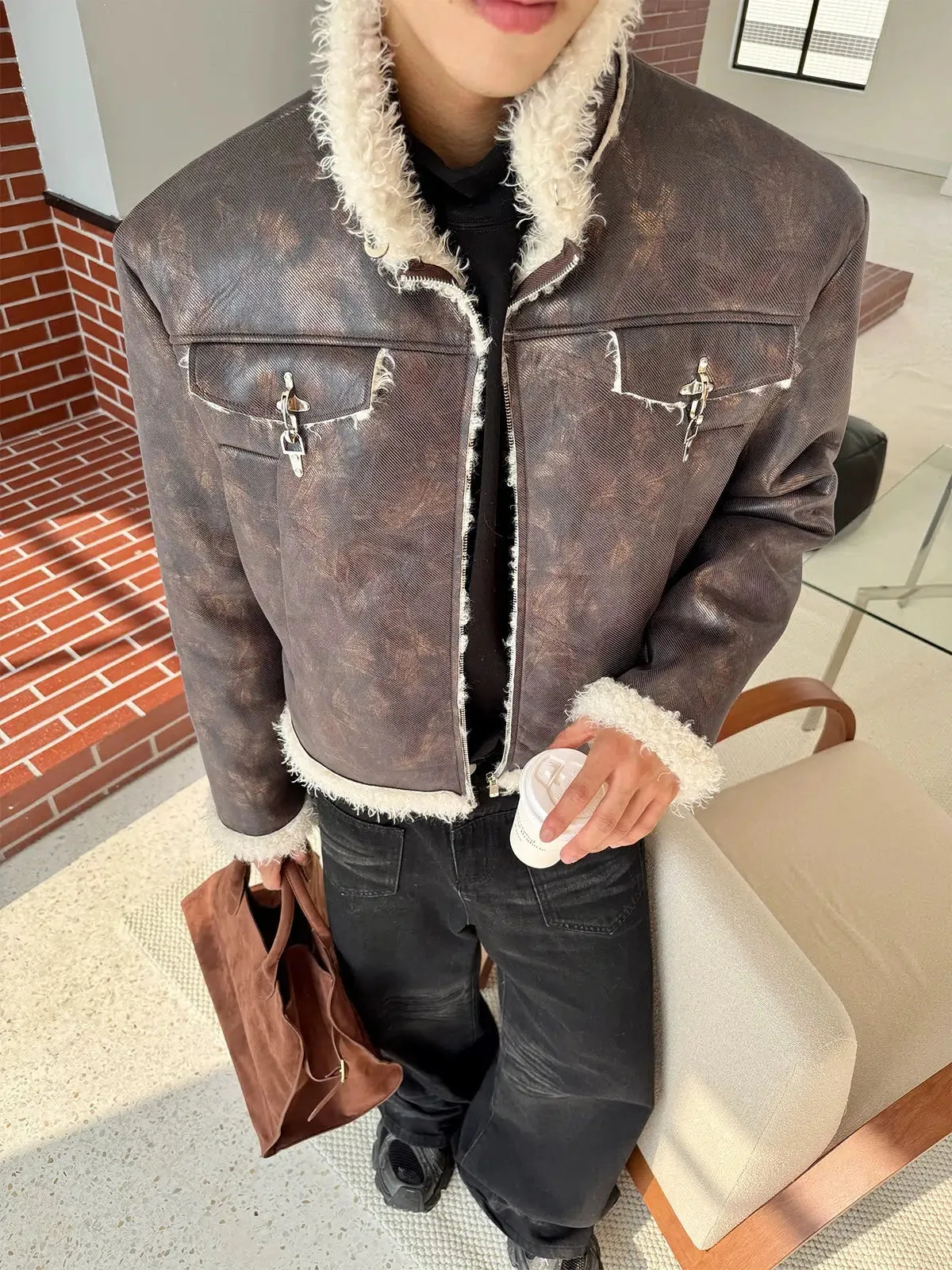 Zippered Pockets Shearling-Lined Jacket